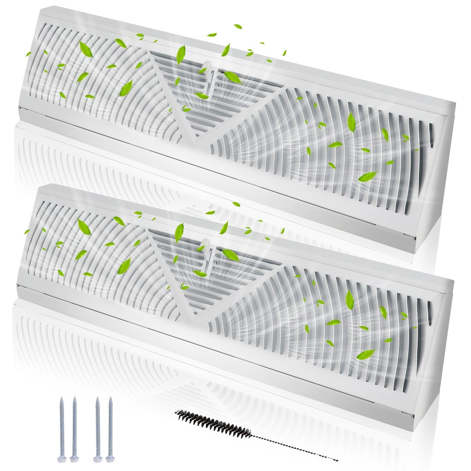 Swess 2-pack 18-inch white baseboard register with duct opening, air diffuser for heating and cooling ventilation.