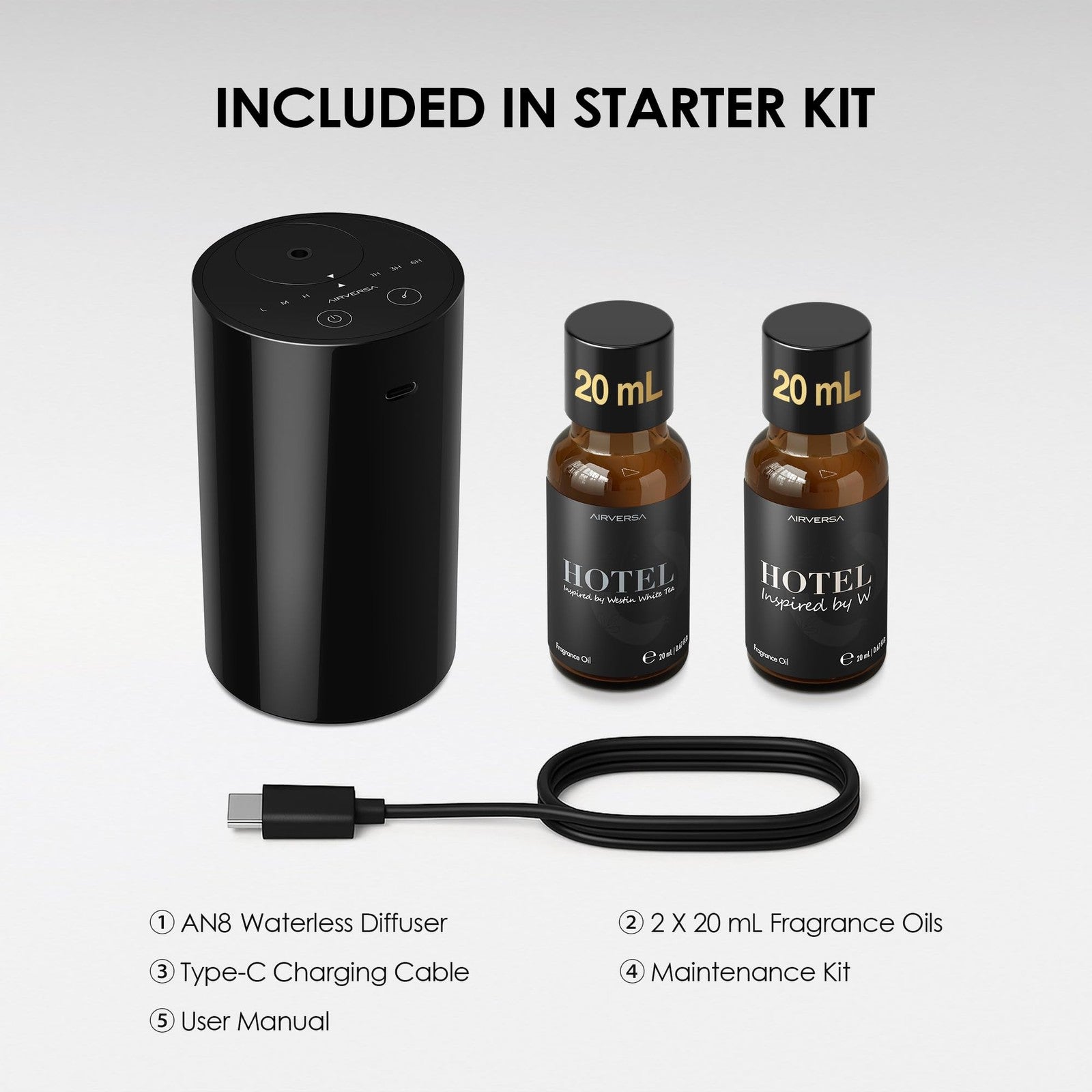Airversa Waterless Essential Oil Diffuser Starter Kit with two 20mL hotel scent fragrance bottles, compact and modern design.