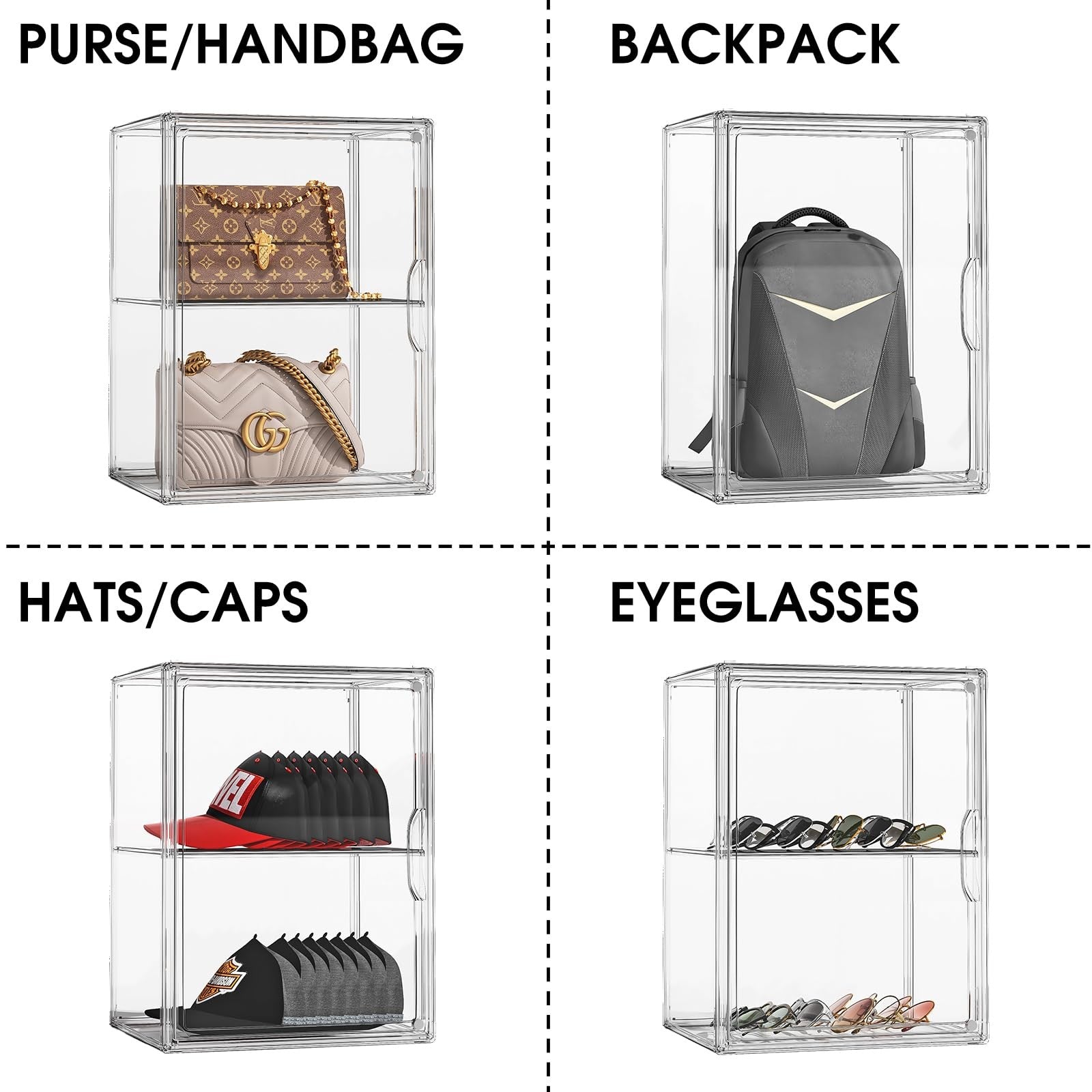 MSHOMELY purse storage organizer set with three clear handbag storage boxes for closet organization and handbag safety