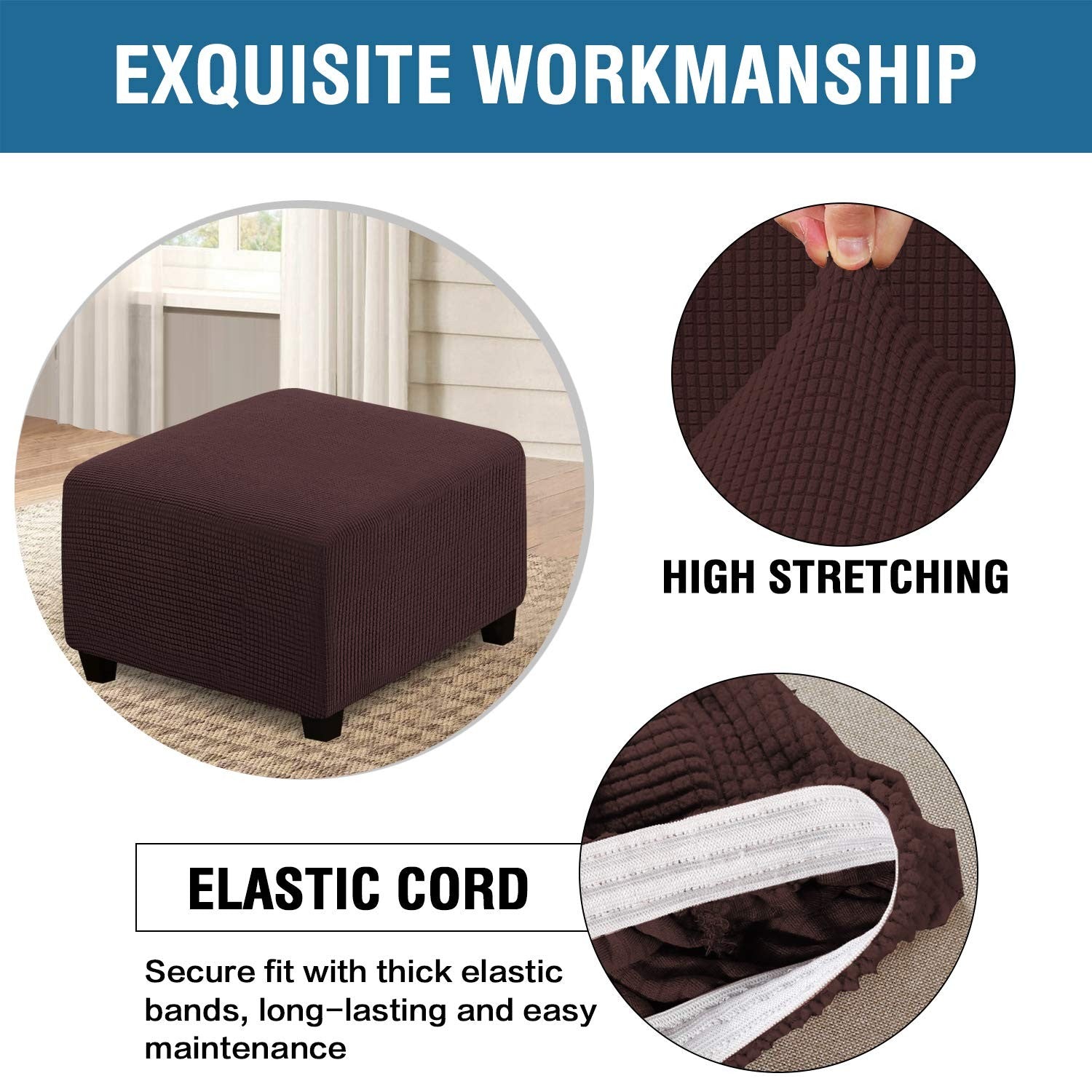 H.VERSAILTEX square ottoman cover on folding storage stool, fabric slipcover with neat seams and a smooth finish.