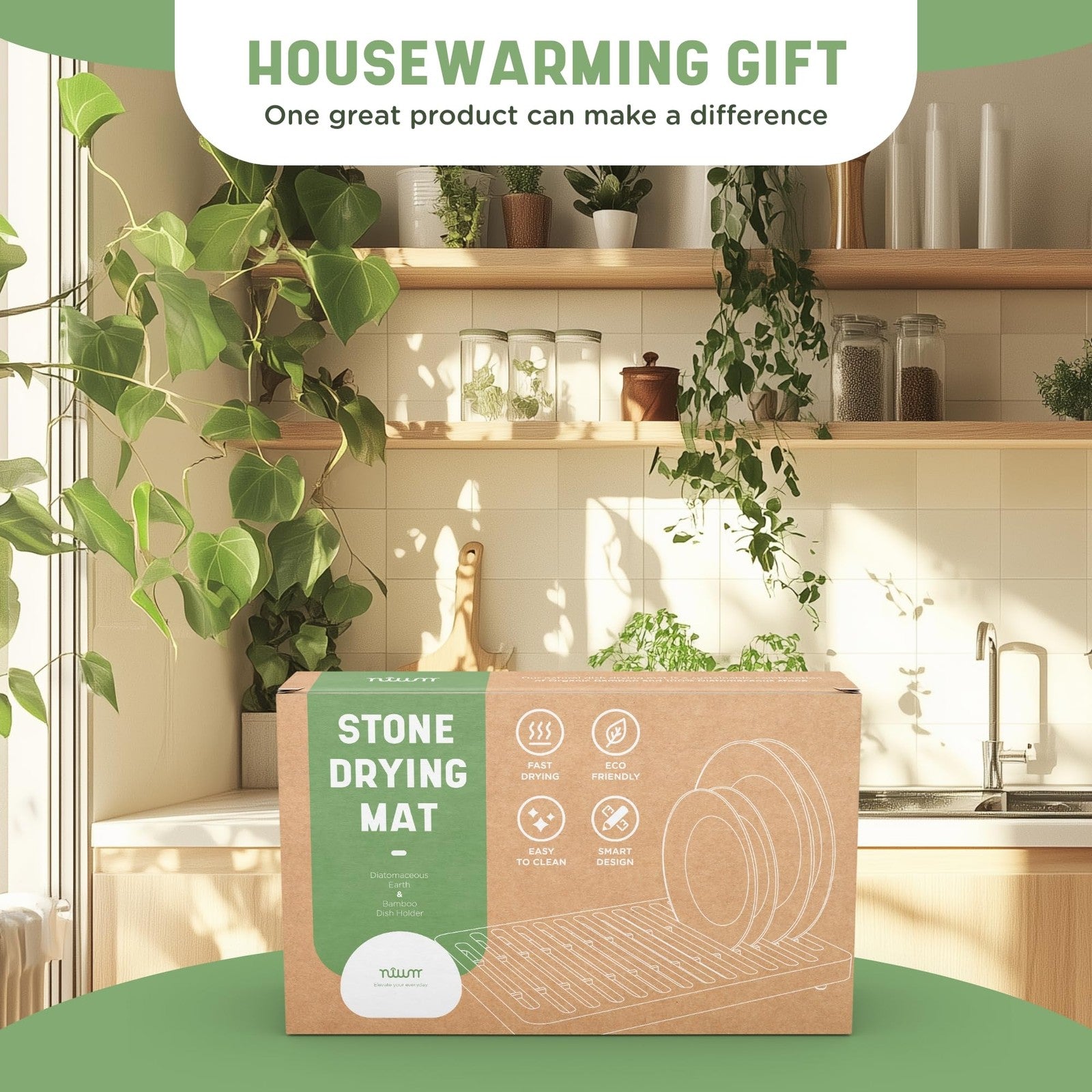 Nium NIUM Stone Drying Mat and Bamboo Rack for kitchen counter, 16x12 inches, diatomaceous stone drying surface with bamboo rack.