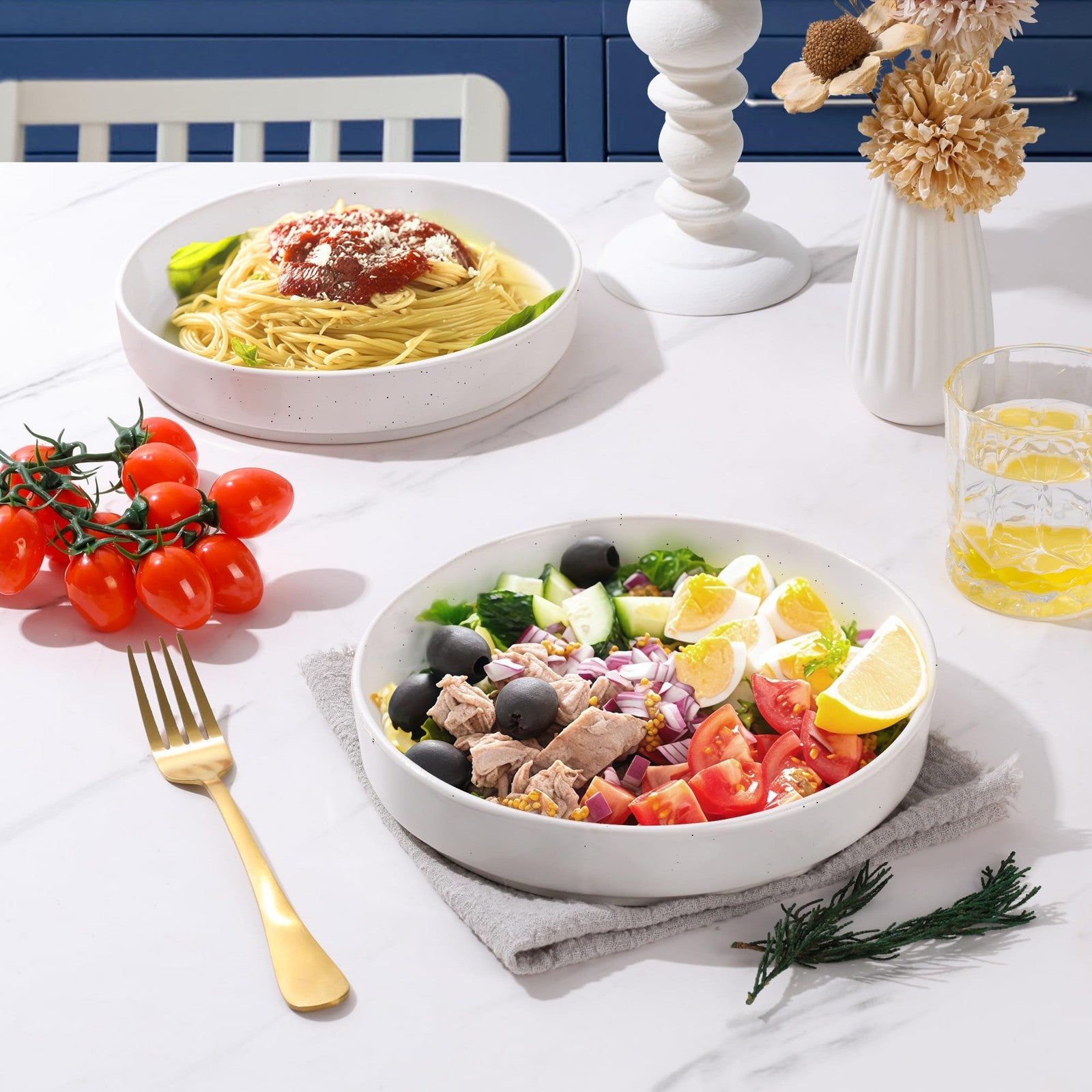 Set of four E-far 30oz pasta bowls, shallow salad bowls for dinner or serving, 8.25 inches in diameter, ceramic design