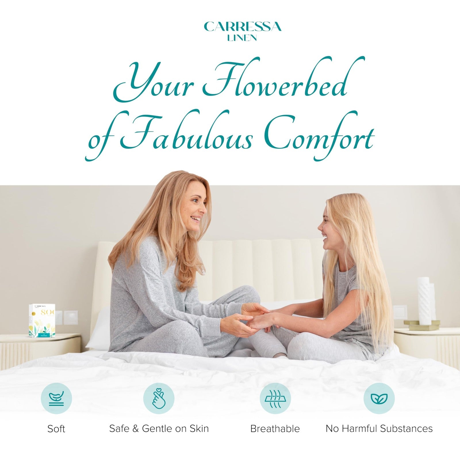 Carressa Linen 100% cotton Cal King fitted sheet with 800 thread count, showcasing smooth, crisp white fabric and elasticized edges.