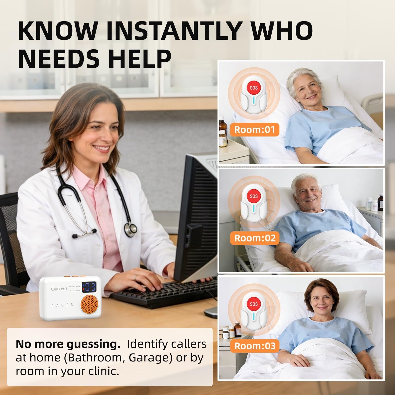 CallToU wireless caregiver pager with call button for elderly at home, showing portable design and signaling device.
