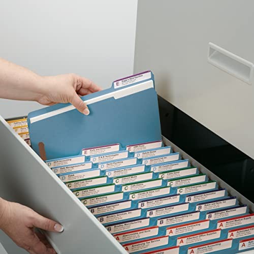 Blue Smead reinforced fastener file folders with 1/3-cut tabs, letter size, two fasteners, suitable for organizing documents.
