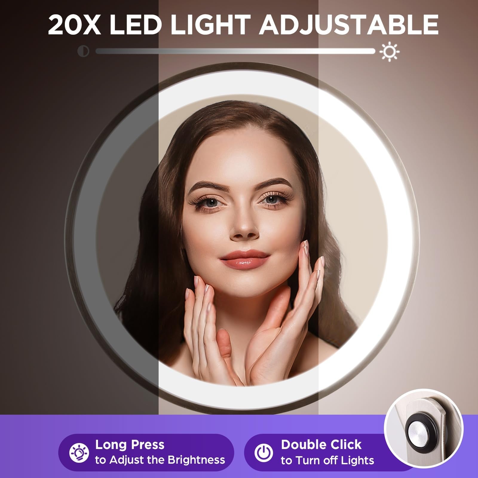 DASLAVA 20x magnifying mirror with built-in light, three color modes, and adjustable brightness, showing the illuminated mirror surface.