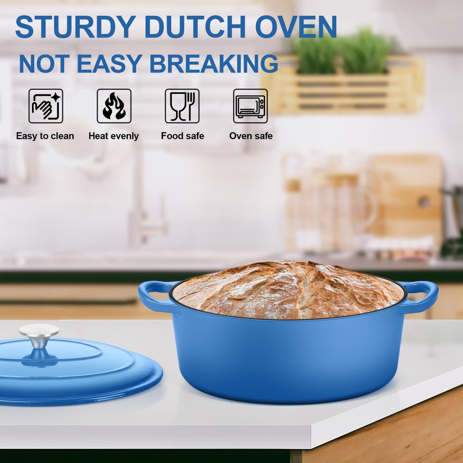 E-far 5QT oval enameled cast iron Dutch oven with lid, featuring a durable, colorful enamel finish and sturdy handles
