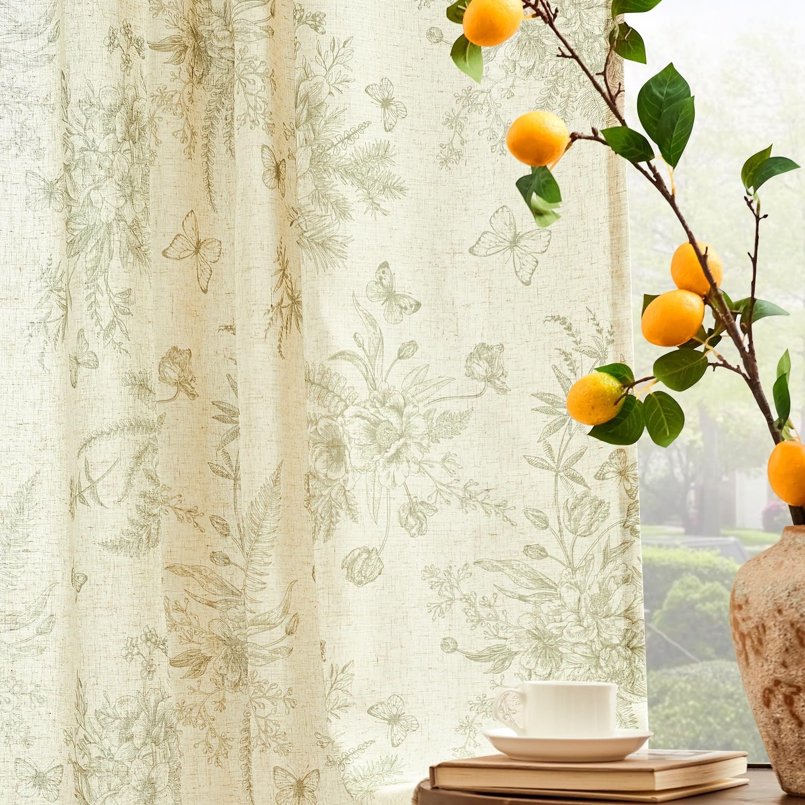 jinchan linen floral curtains for living room, sage green farmhouse style, 84-inch length with delicate floral pattern