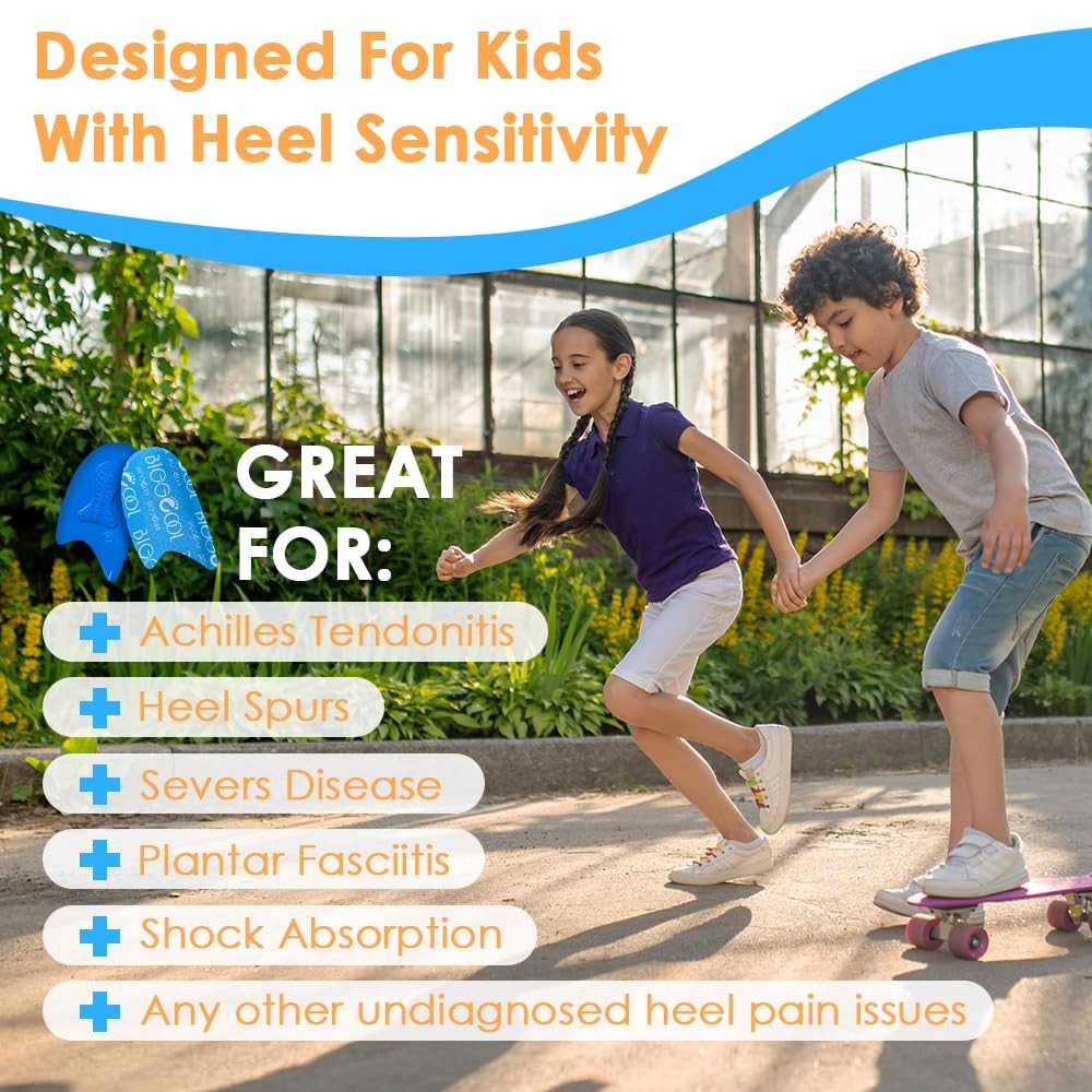 BIGGCOOL Kids heel cups, lightweight shock-absorbing inserts for comfortable heel support, shown in a close-up view.