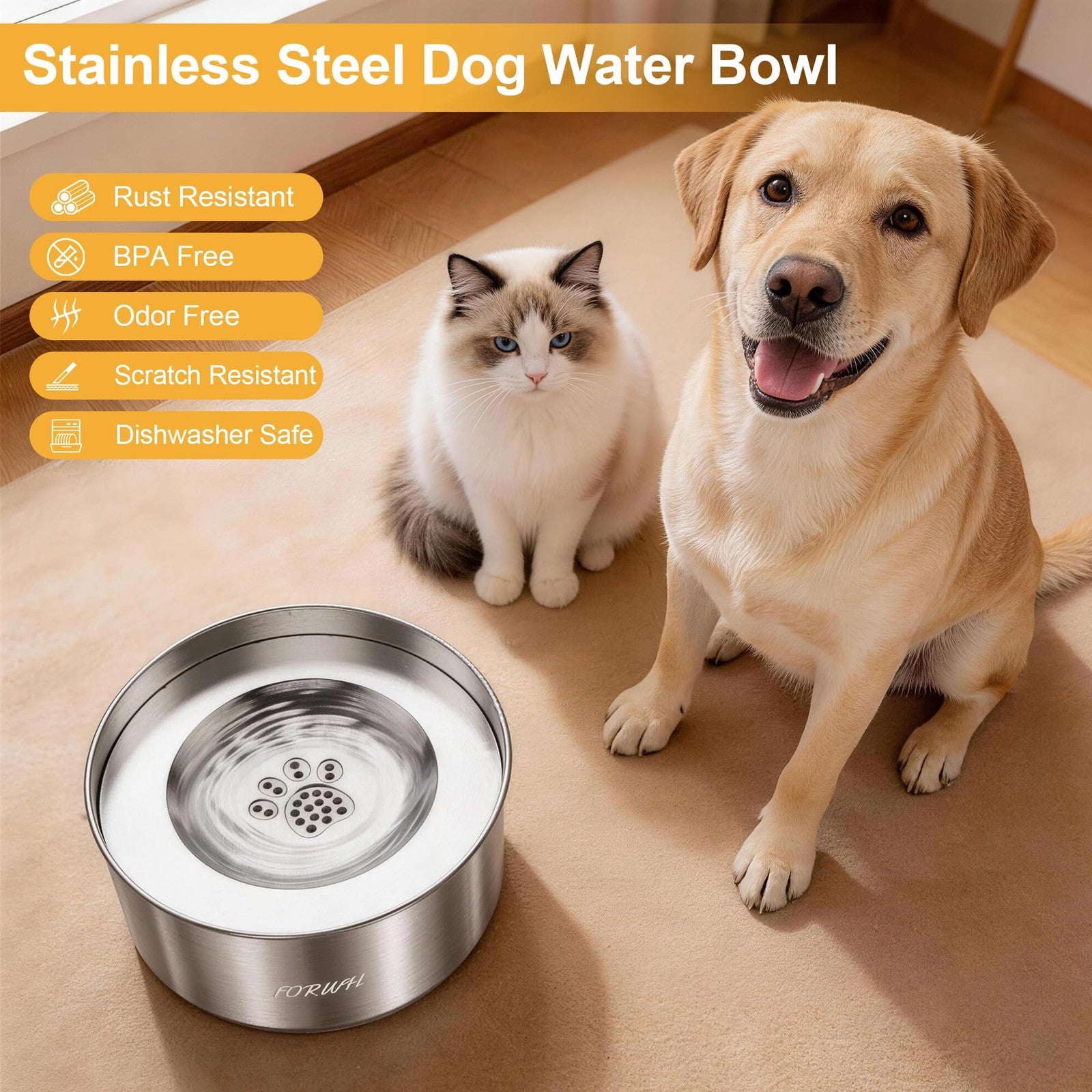 Large stainless steel dog water bowl by FORWH with no spill design and 101oz capacity, ideal for keeping pets hydrated.