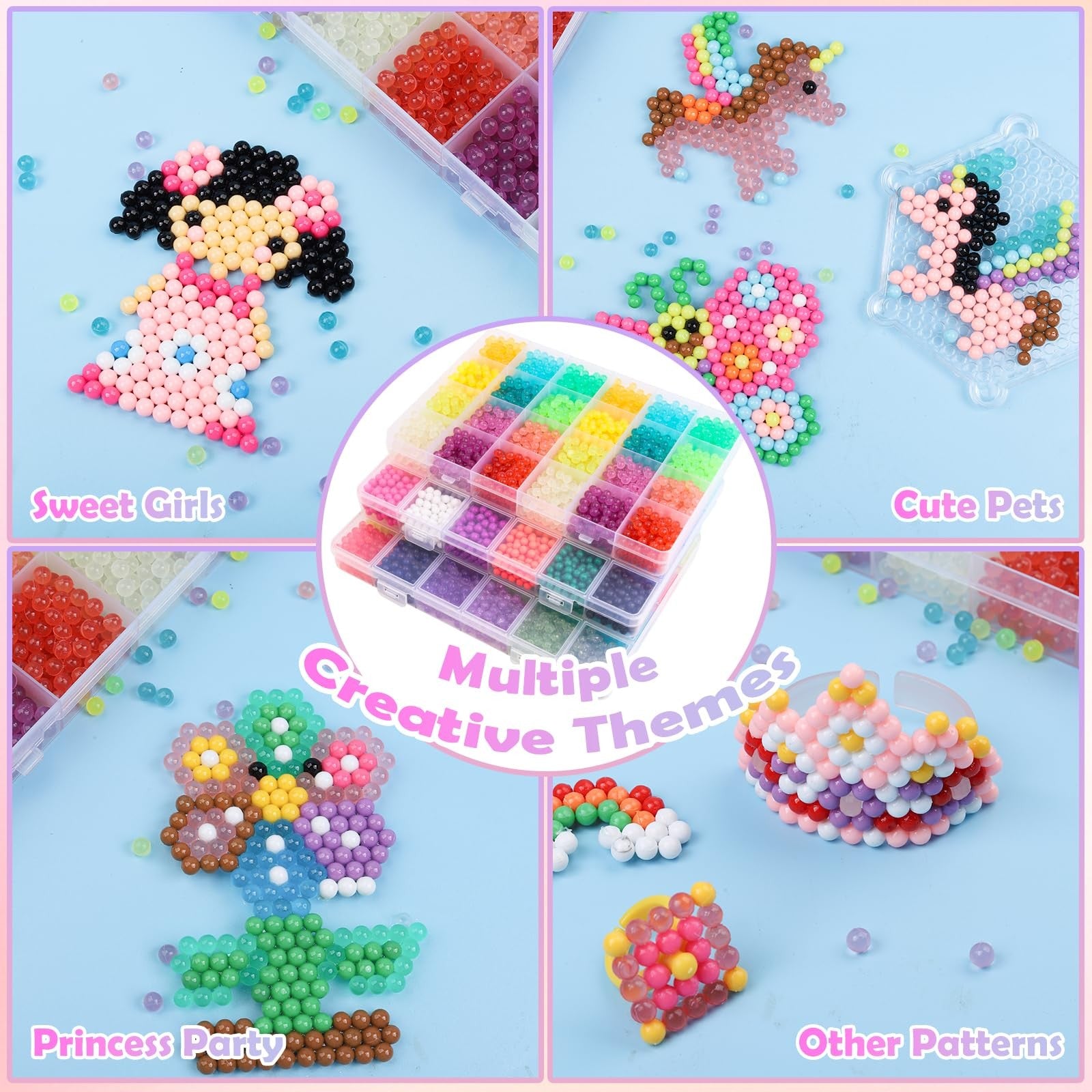 Liangding 9000 PCS non-iron fuse beads kit with 72 colors and 5mm spray-activated beads displayed with pegs in a storage box.