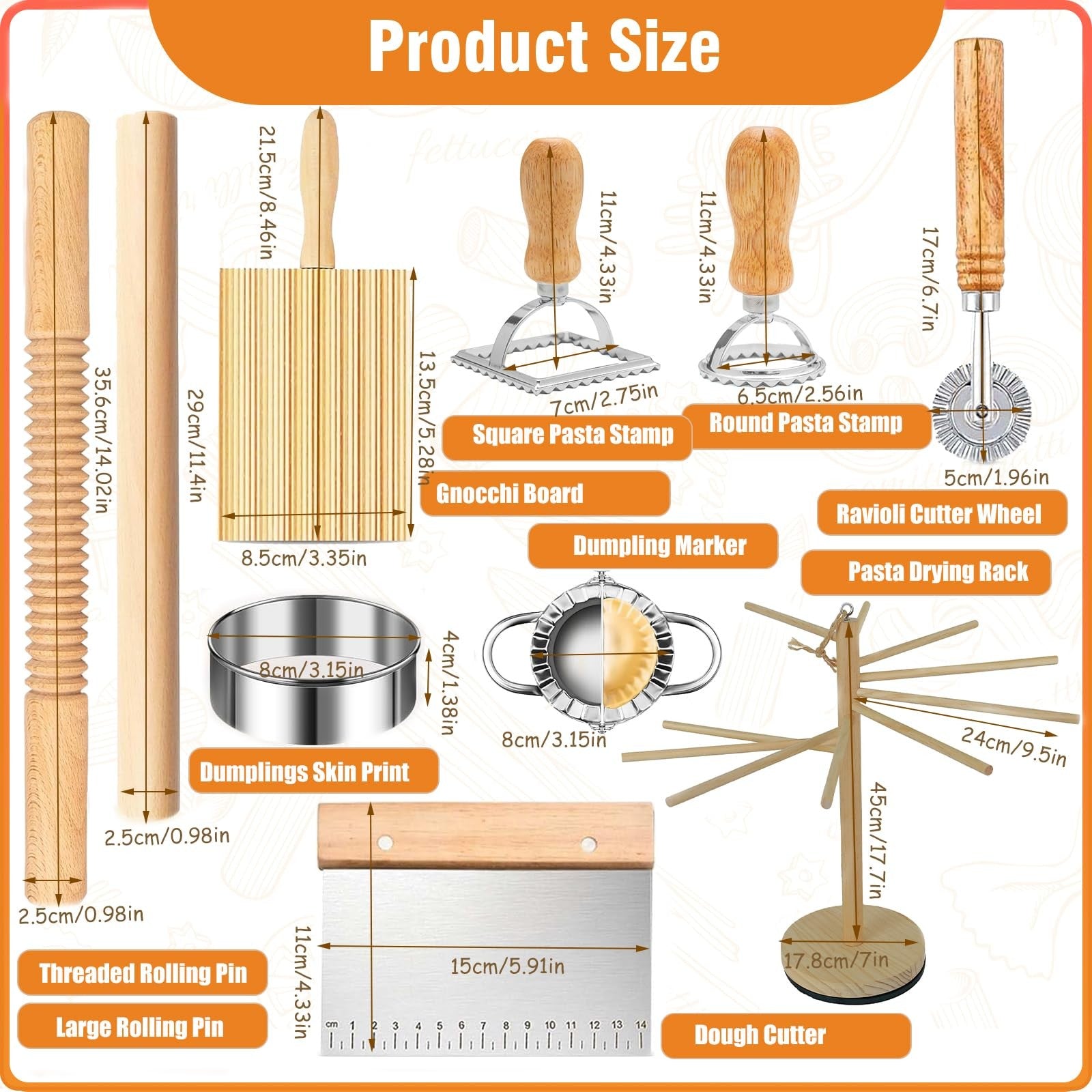 DthwagfL 10-piece pasta making kit with rolling pins and drying rack, including various tools for homemade pasta preparation.