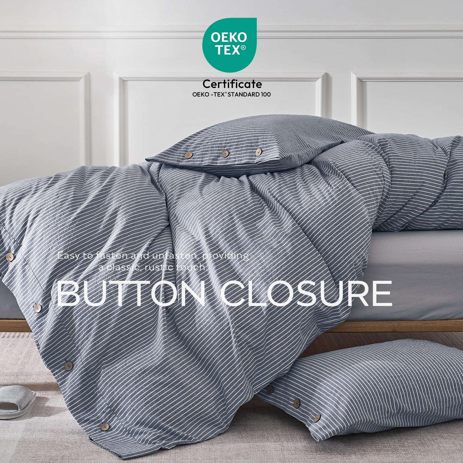 Blue vertical pinstriped cotton duvet cover by JELLYMONI, king size comforter with a smooth fabric finish.