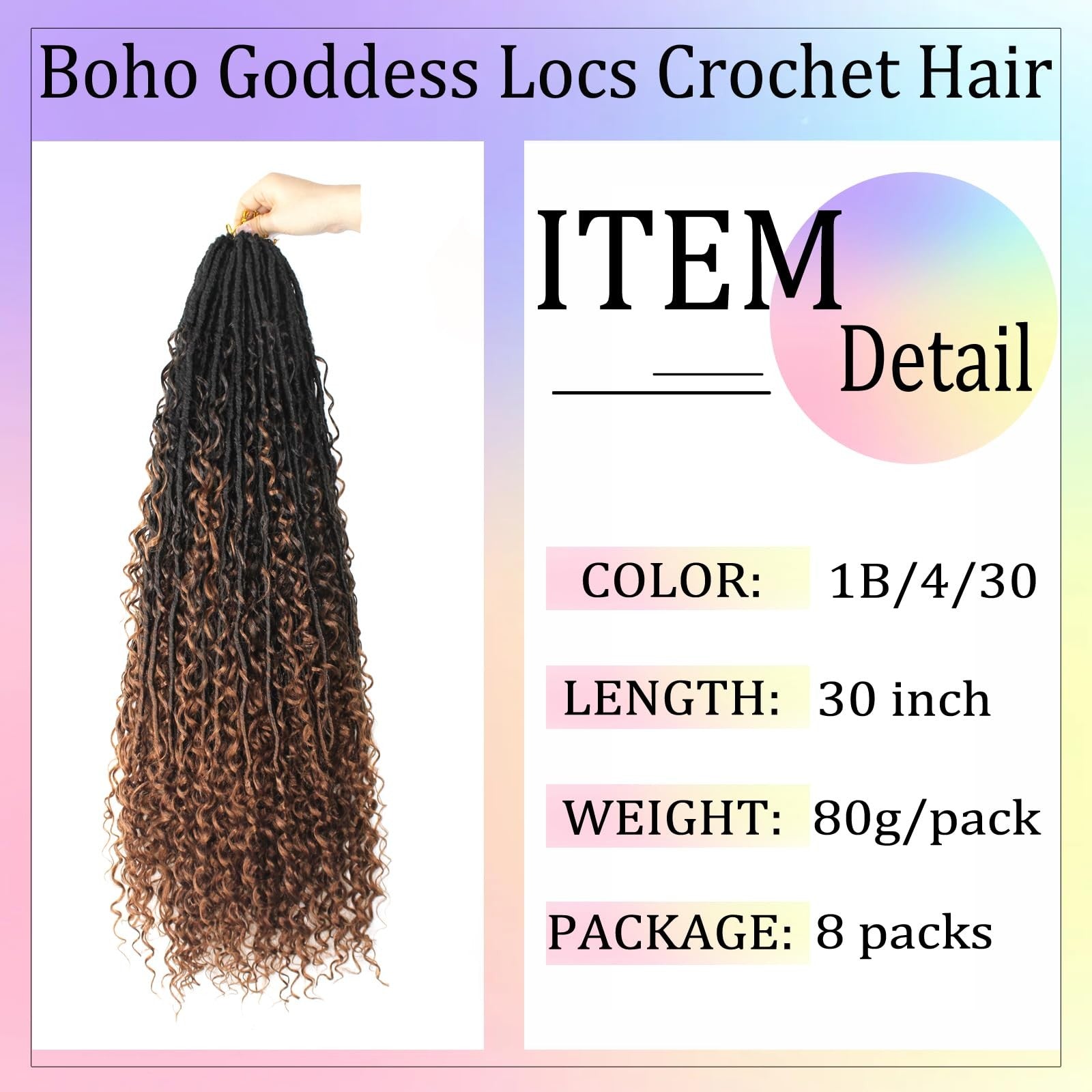 Trekci boho faux locs crochet hair, 30-inch goddess locs with soft, natural look, displayed in eight packs.