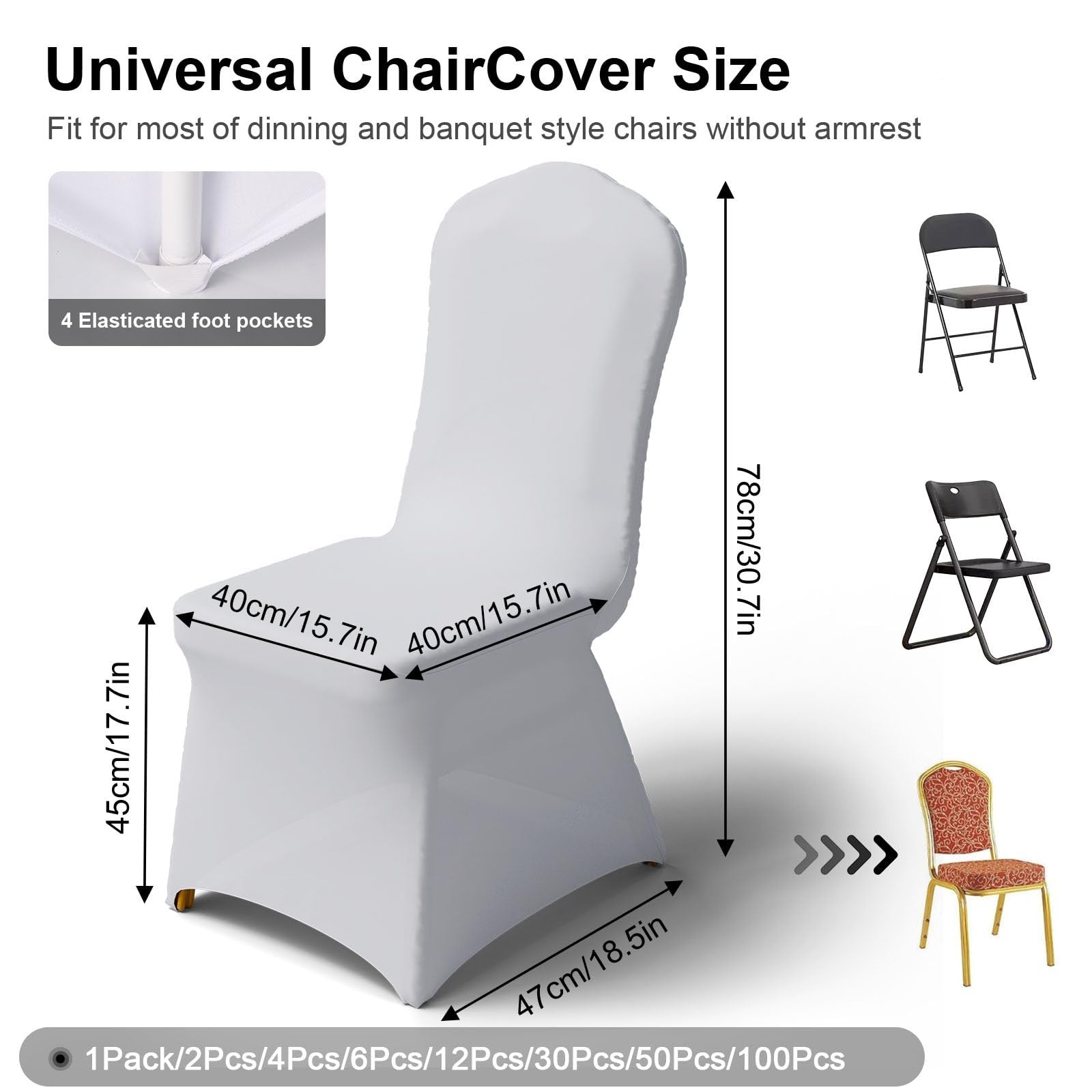Set of 12 Trlyc spandex chair covers fitting dining chairs, made of stretchy polyester fabric for a sleek, fitted look.