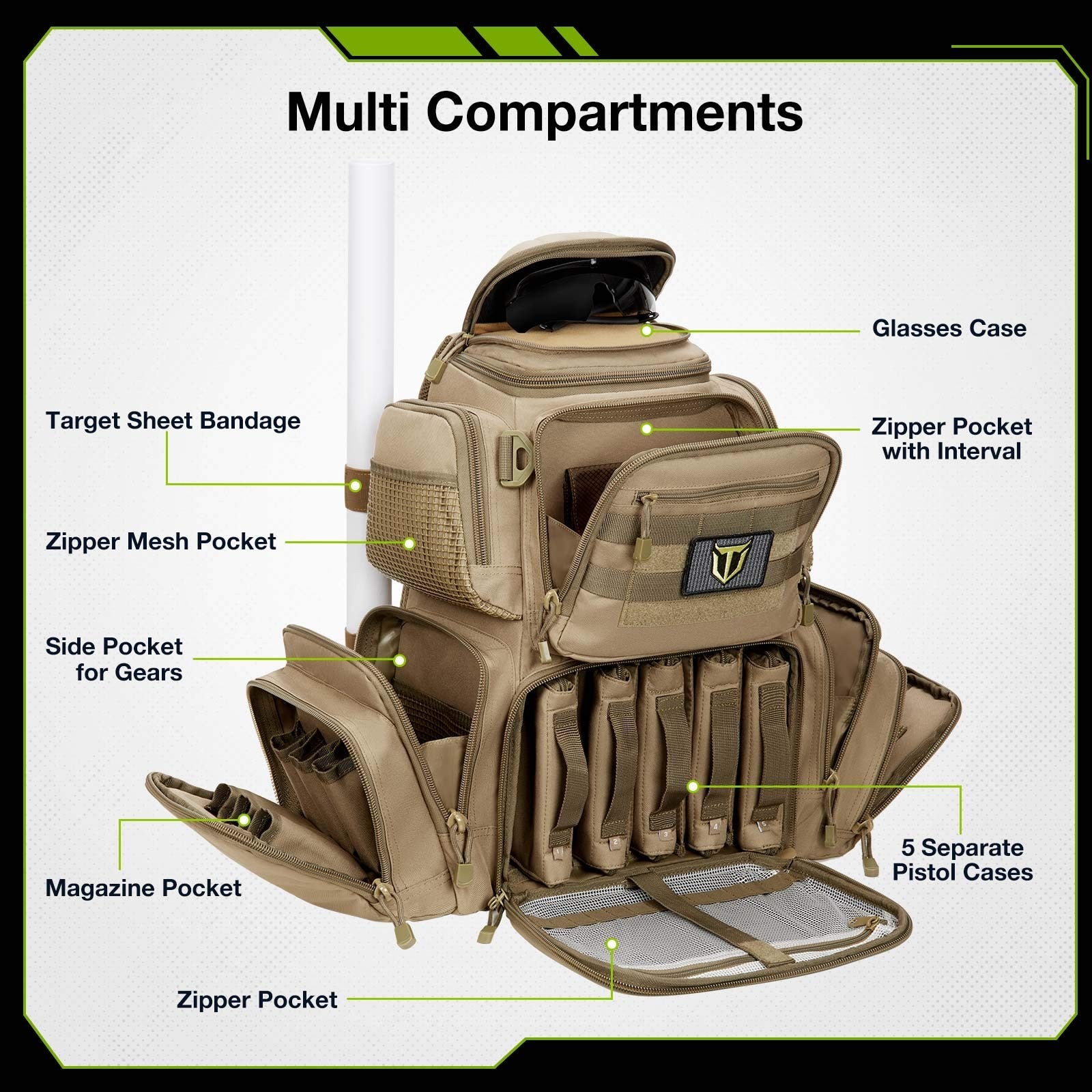 Tidewe tactical range backpack in khaki with gun and ammo storage compartments, pistol case, and durable outdoor design.