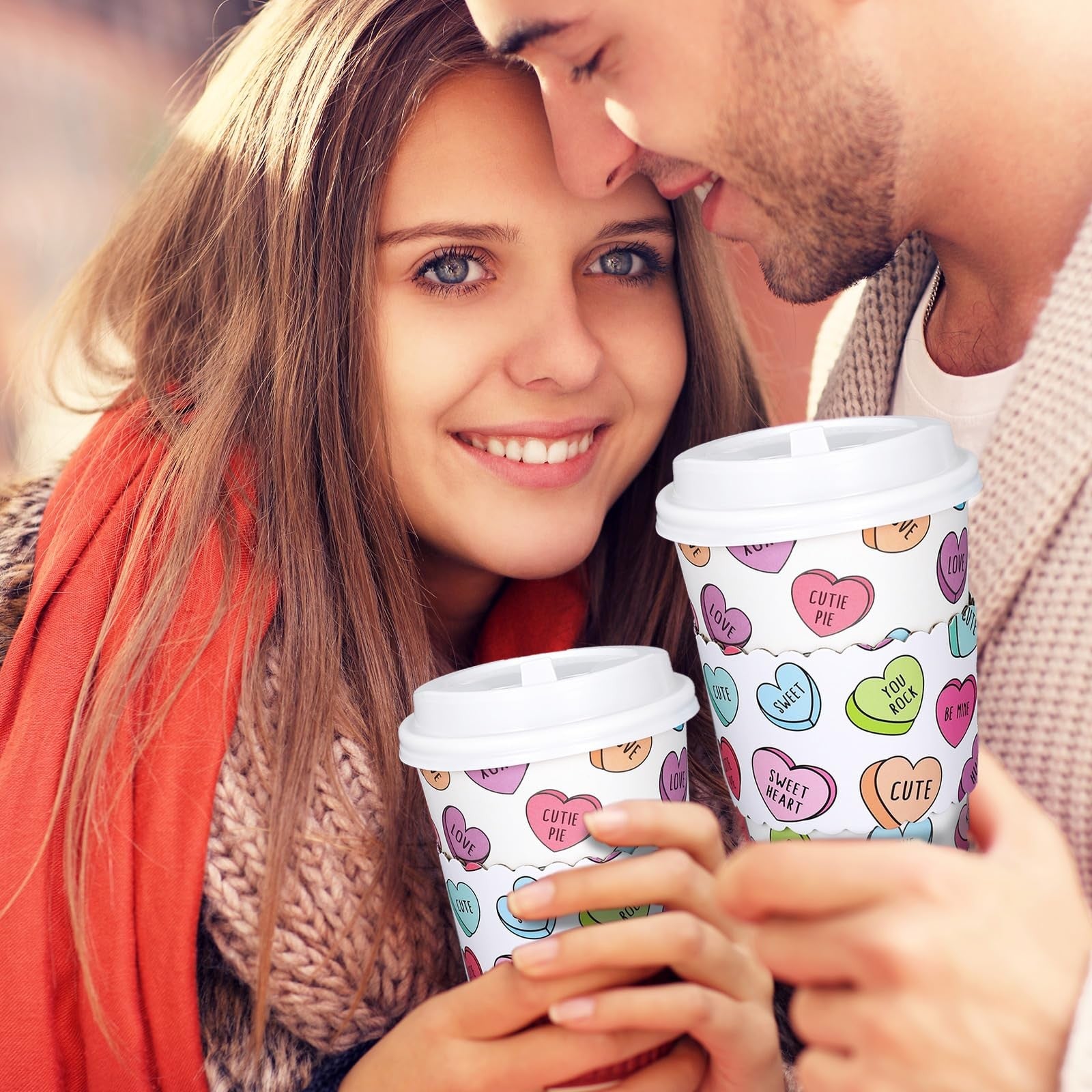Whaline 50-pack colorful disposable coffee cups with lids and sleeves, ideal for Valentine's Day celebrations.