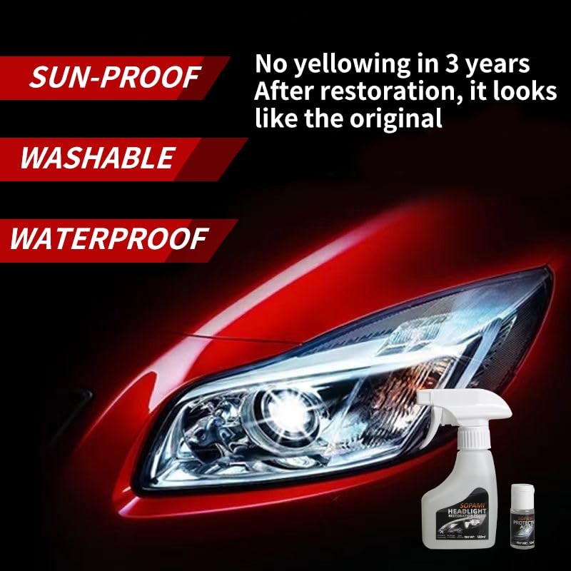 SOPAMI Headlight Restoration Kit showing a close-up of a hazy, oxidized car headlamp before cleaning and restoration process.