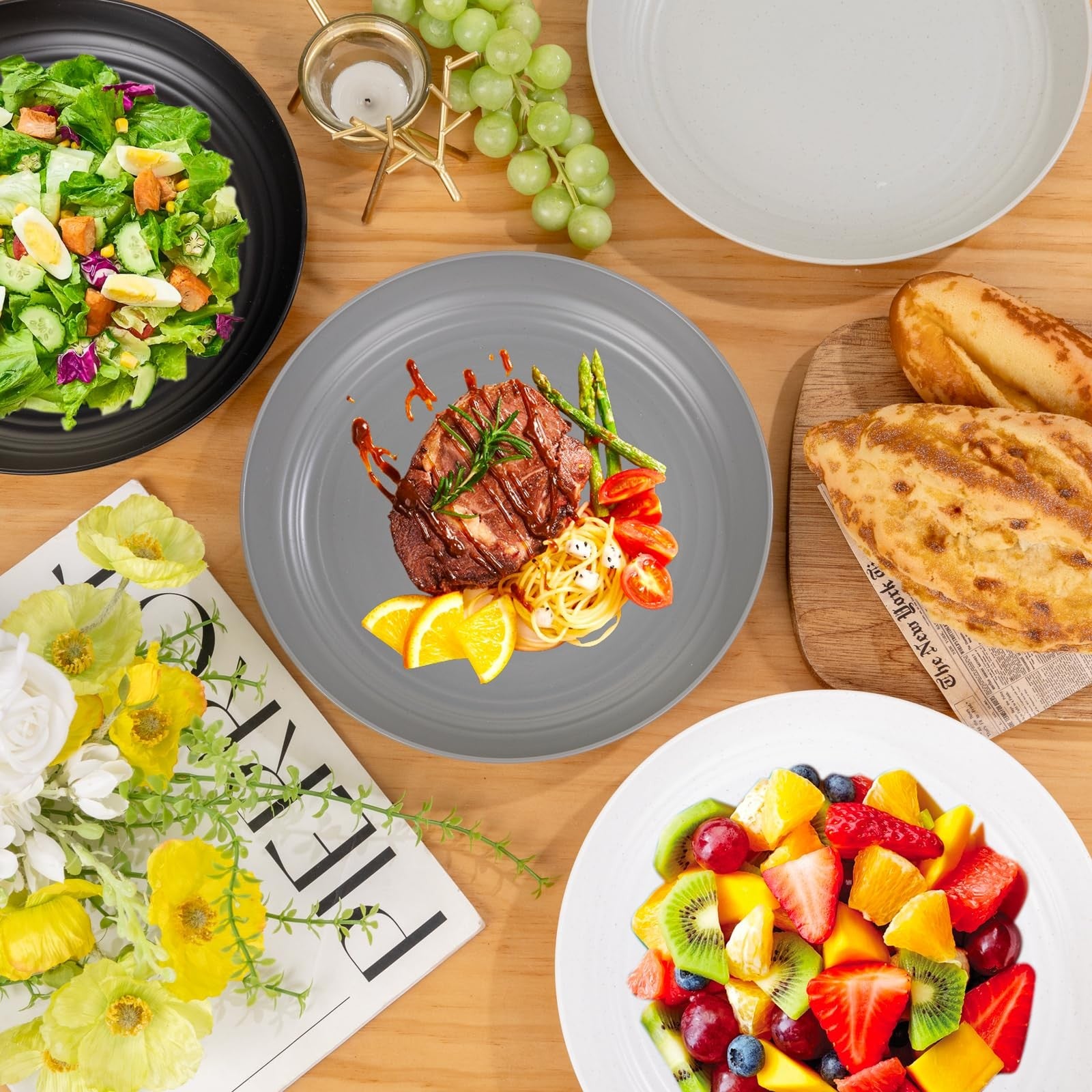 Supernal 10-inch wheat straw dinner plates made of reusable, durable plastic with a smooth surface and rim for serving food.