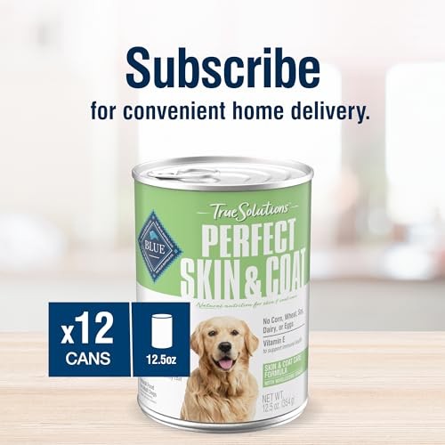 Blue Buffalo True Solutions Skin & Coat Care wet dog food for adult dogs, featuring a bowl of the nutritious dog food with ingredients.