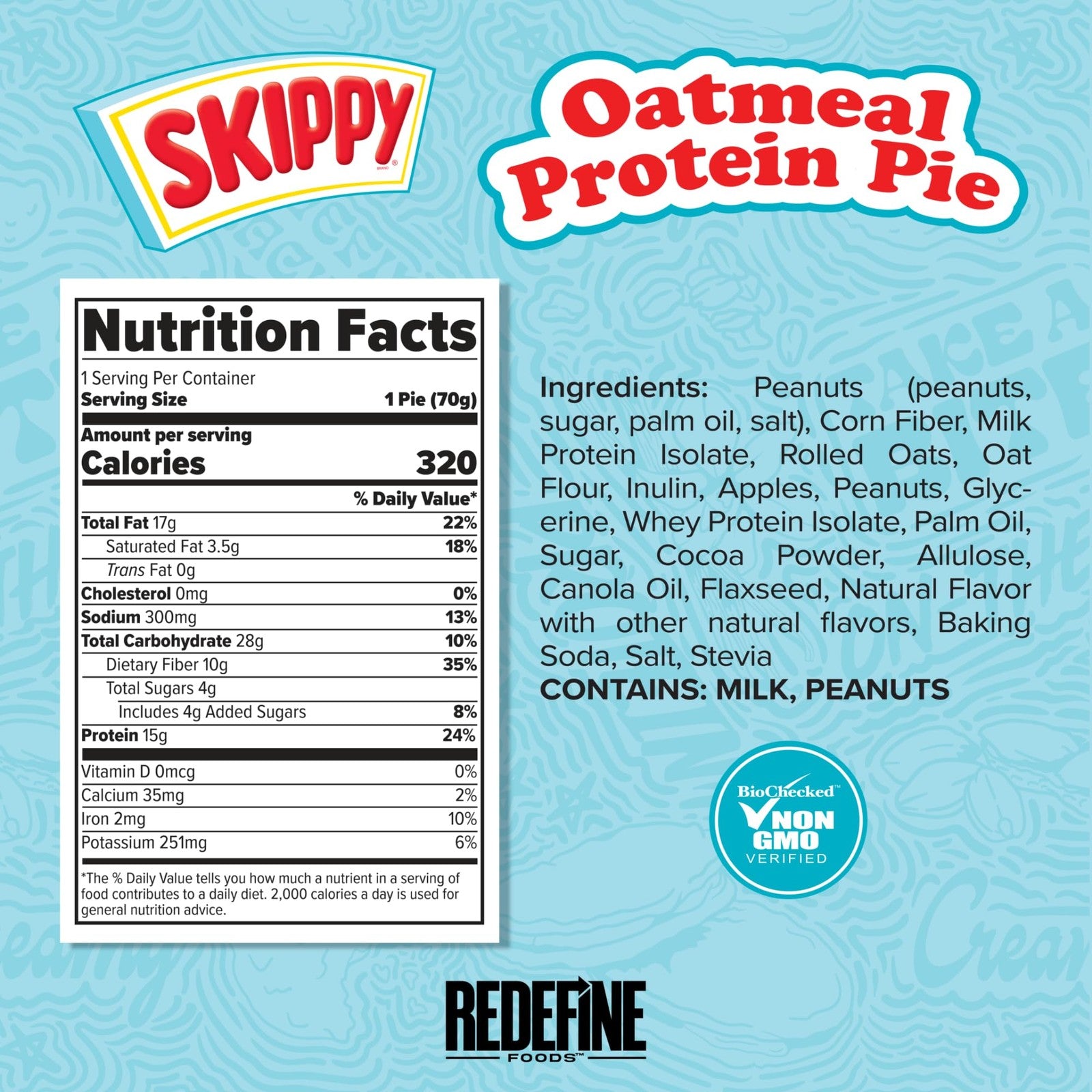 Redefine Foods Skippy Chocolate Oatmeal Protein Pie, 8-pack with 15g protein each, showing the packaged snack bars.