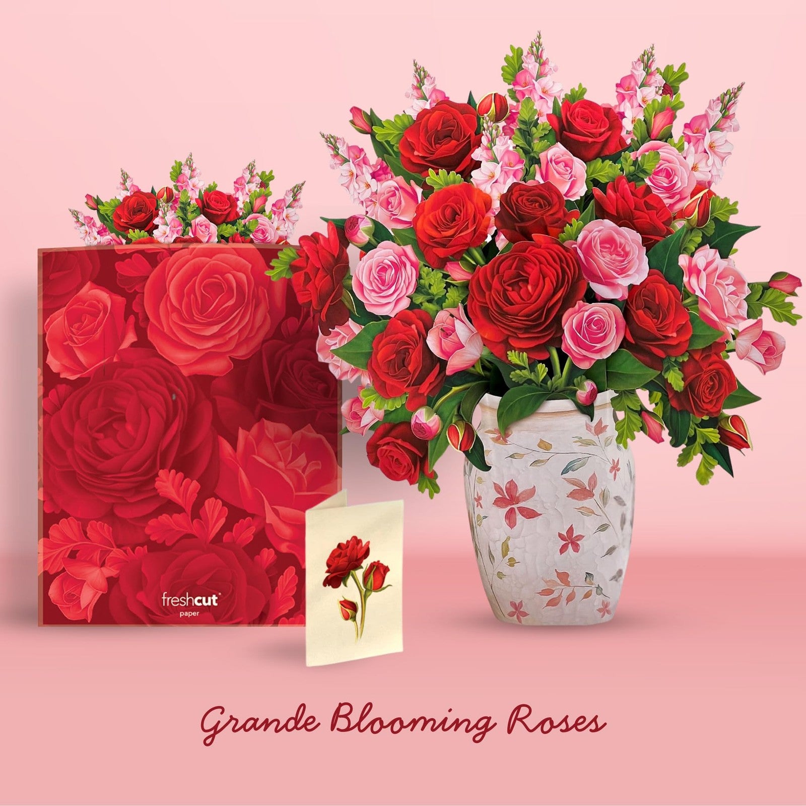 Freshcut Paper Grande Blooming Roses pop-up card featuring life-sized, detailed paper roses in vibrant colors.