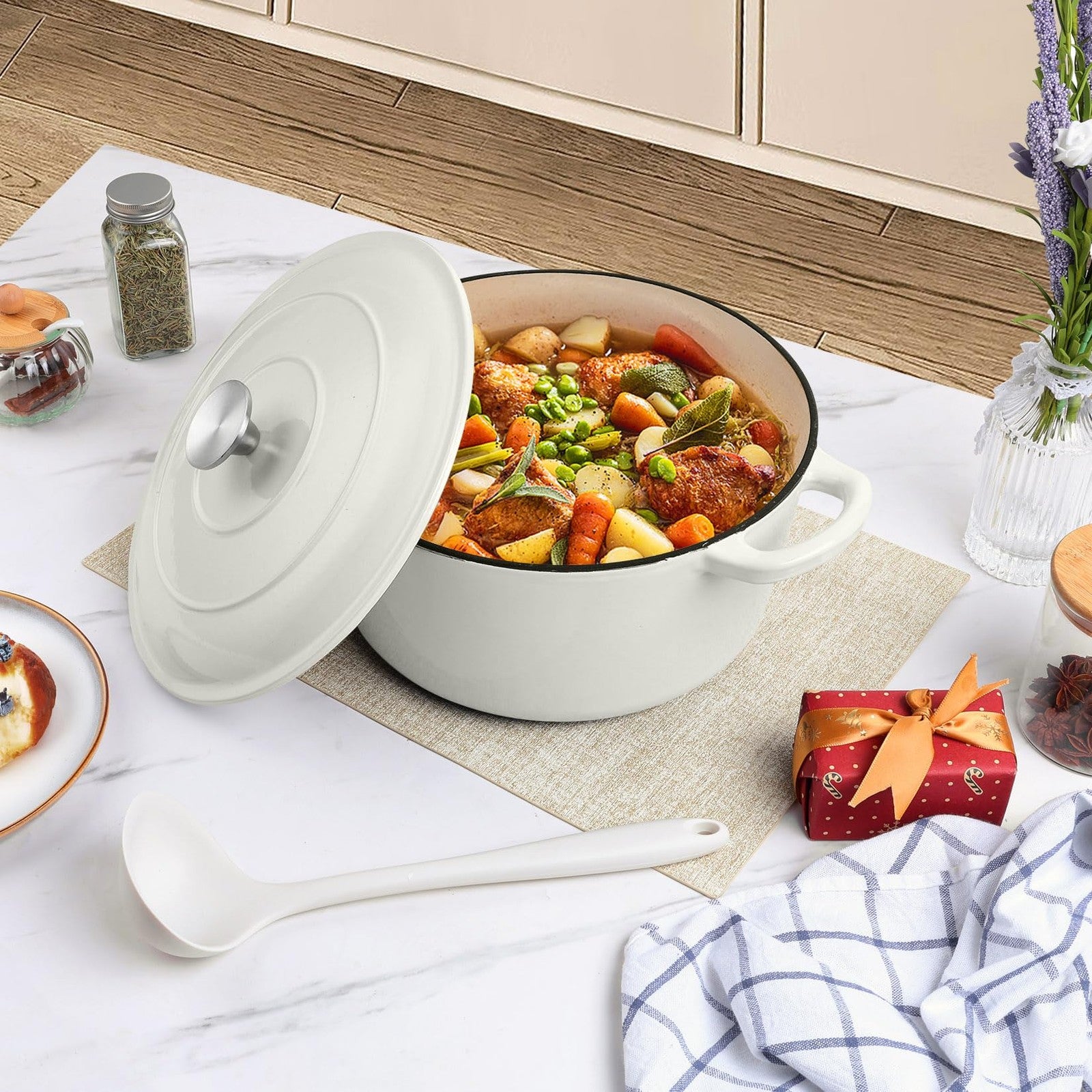 P&P CHEF 6QT enameled cast iron Dutch oven with lid for baking bread and slow cooking, black coated exterior and sturdy handle
