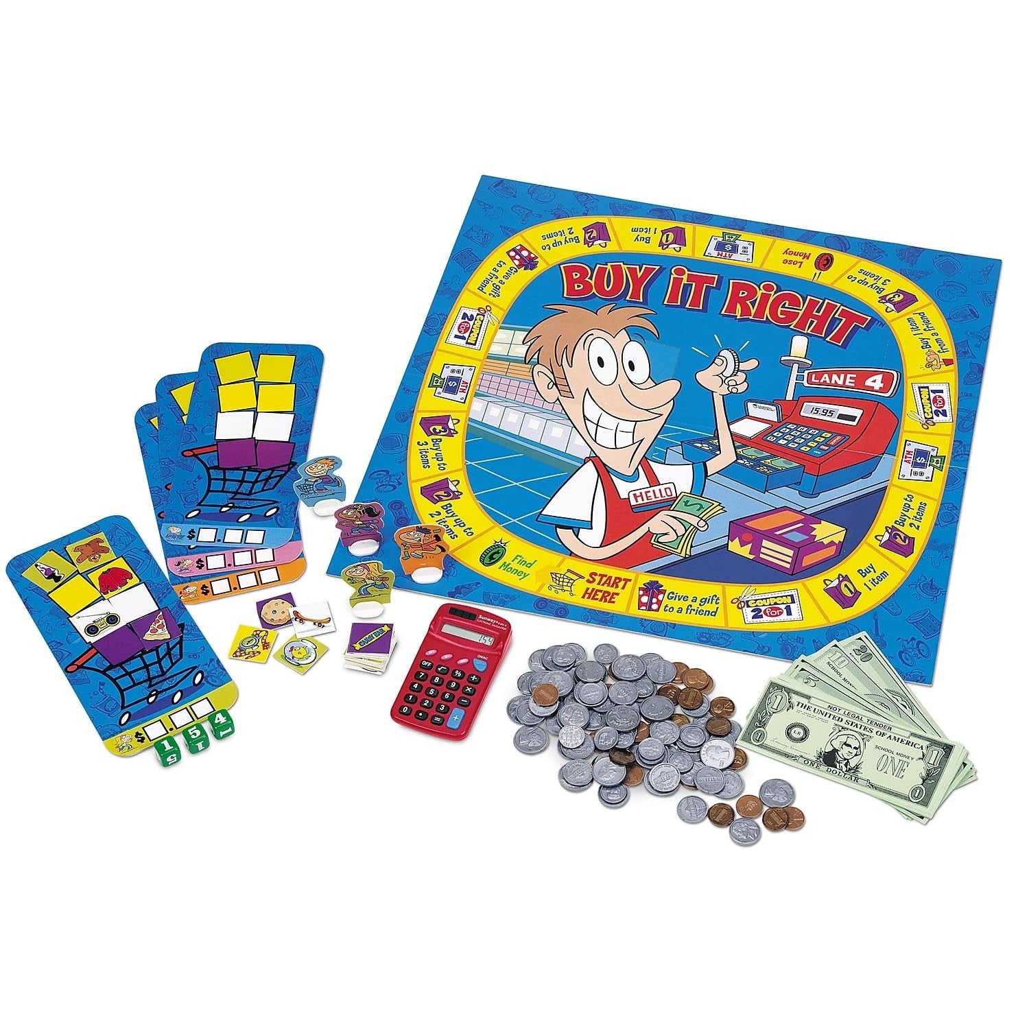 Learning Resources Buy It Right shopping math game for kids, featuring colorful game pieces and shopping cart, designed for ages 5+