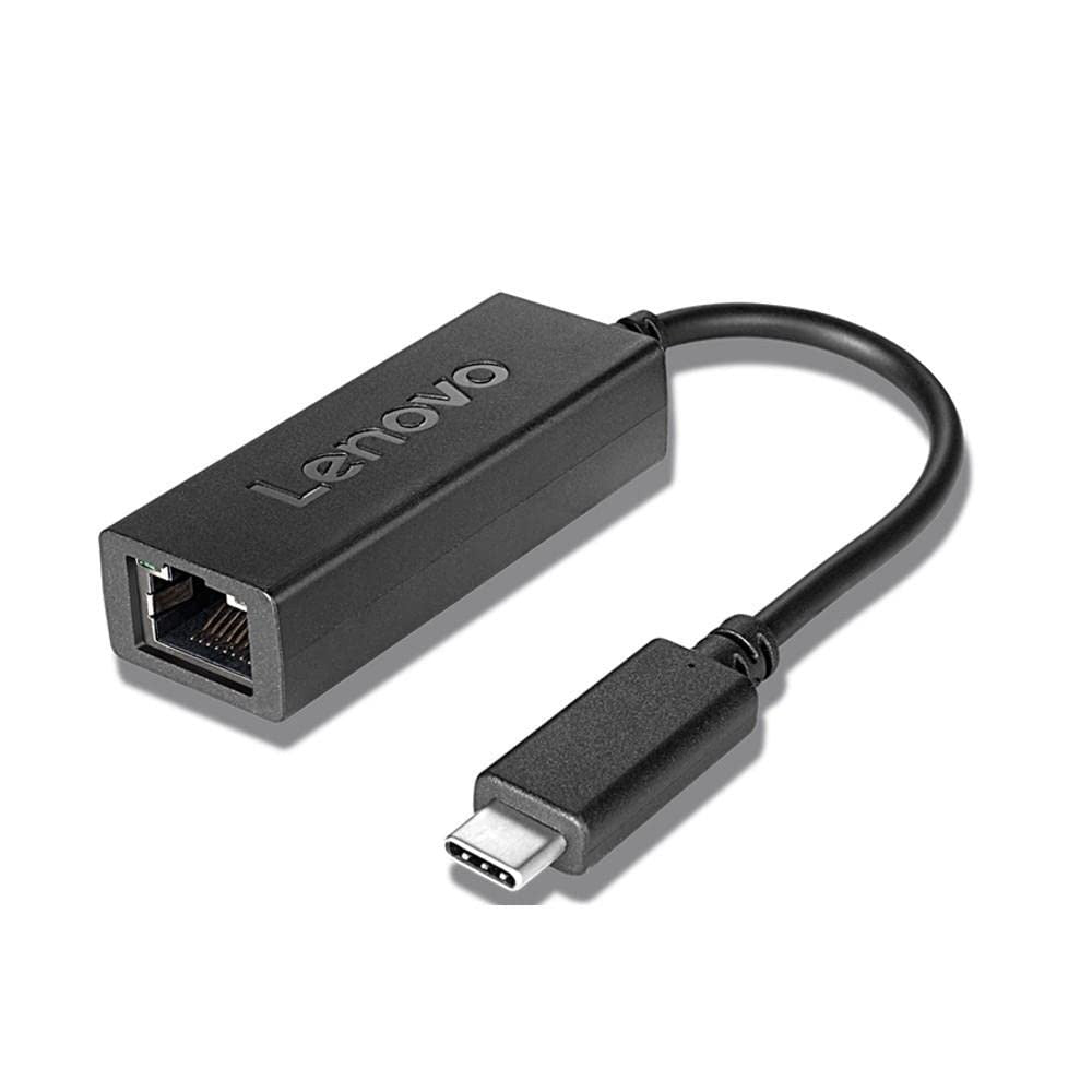 Lenovo ThinkPad USB C to Ethernet Adapter connected to a laptop, showing the compact design and Ethernet port for wired internet access.