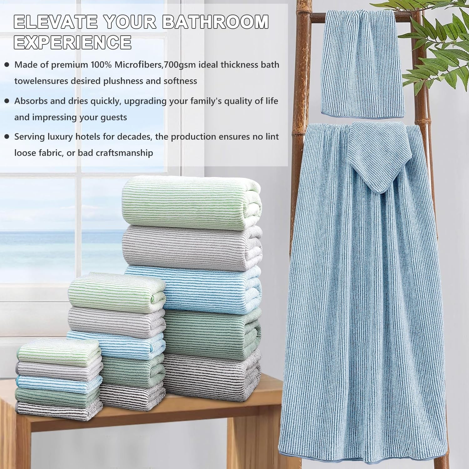 Set of four oversized Jessy Home bath towels, 35x70 inches, ultra soft and fluffy, shown folded and hanging in a bathroom setting.
