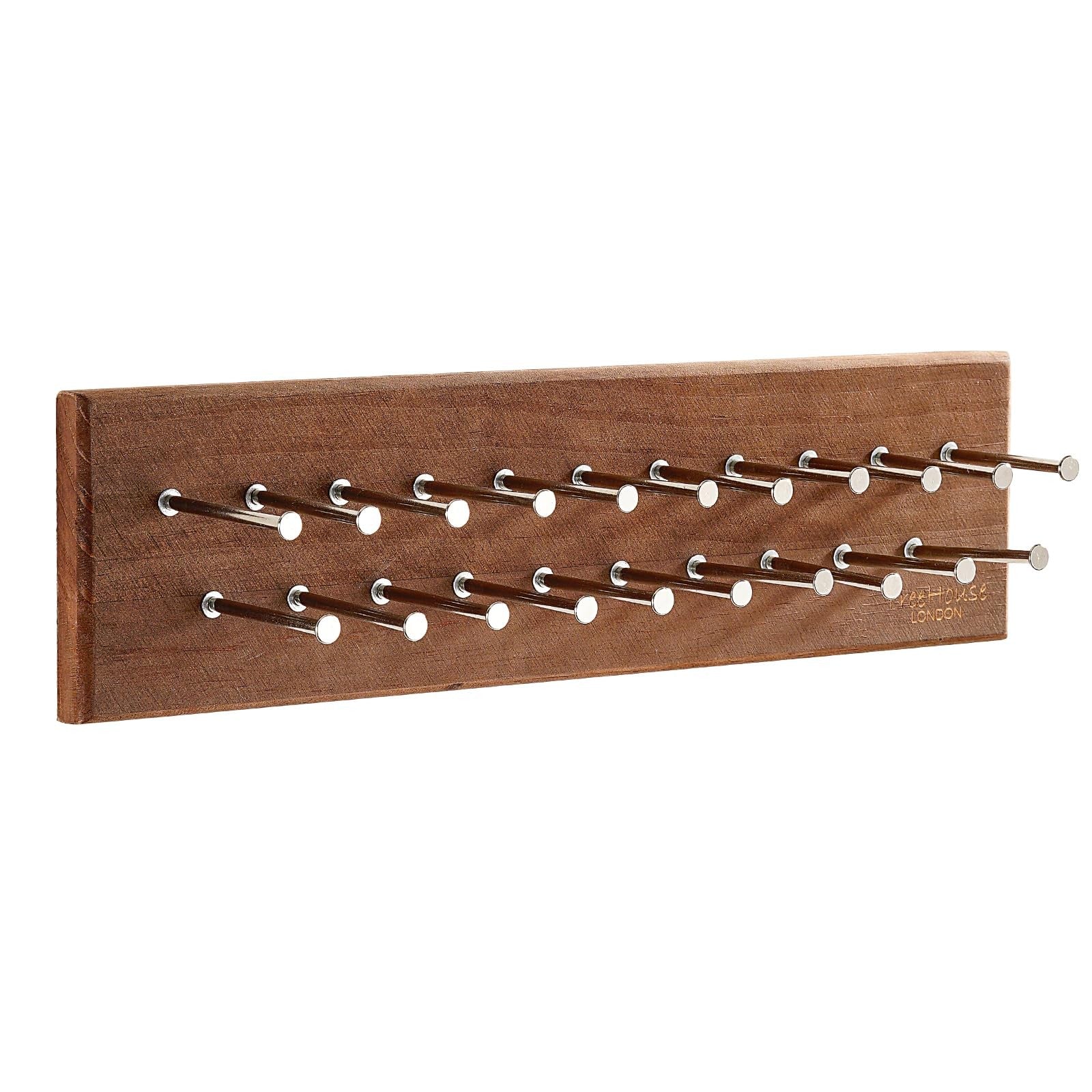 Treehouse London tie rack organizer holds 40 large ties, made of solid wood with sturdy metal construction, shown mounted on a wall.