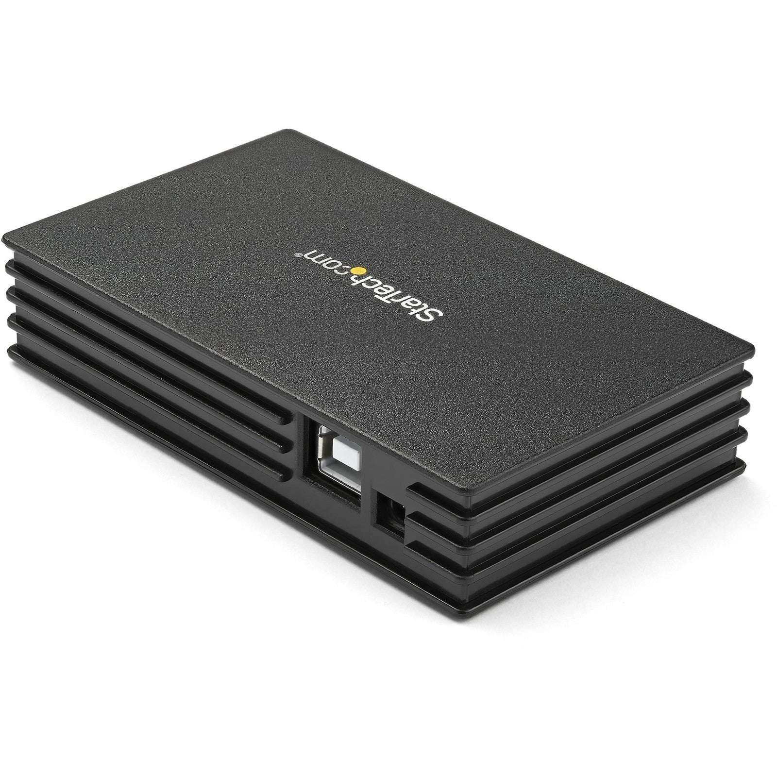 StarTech.com 4-port black USB 2.0 hub showing compact design with multiple ports and optional power adapter connection.