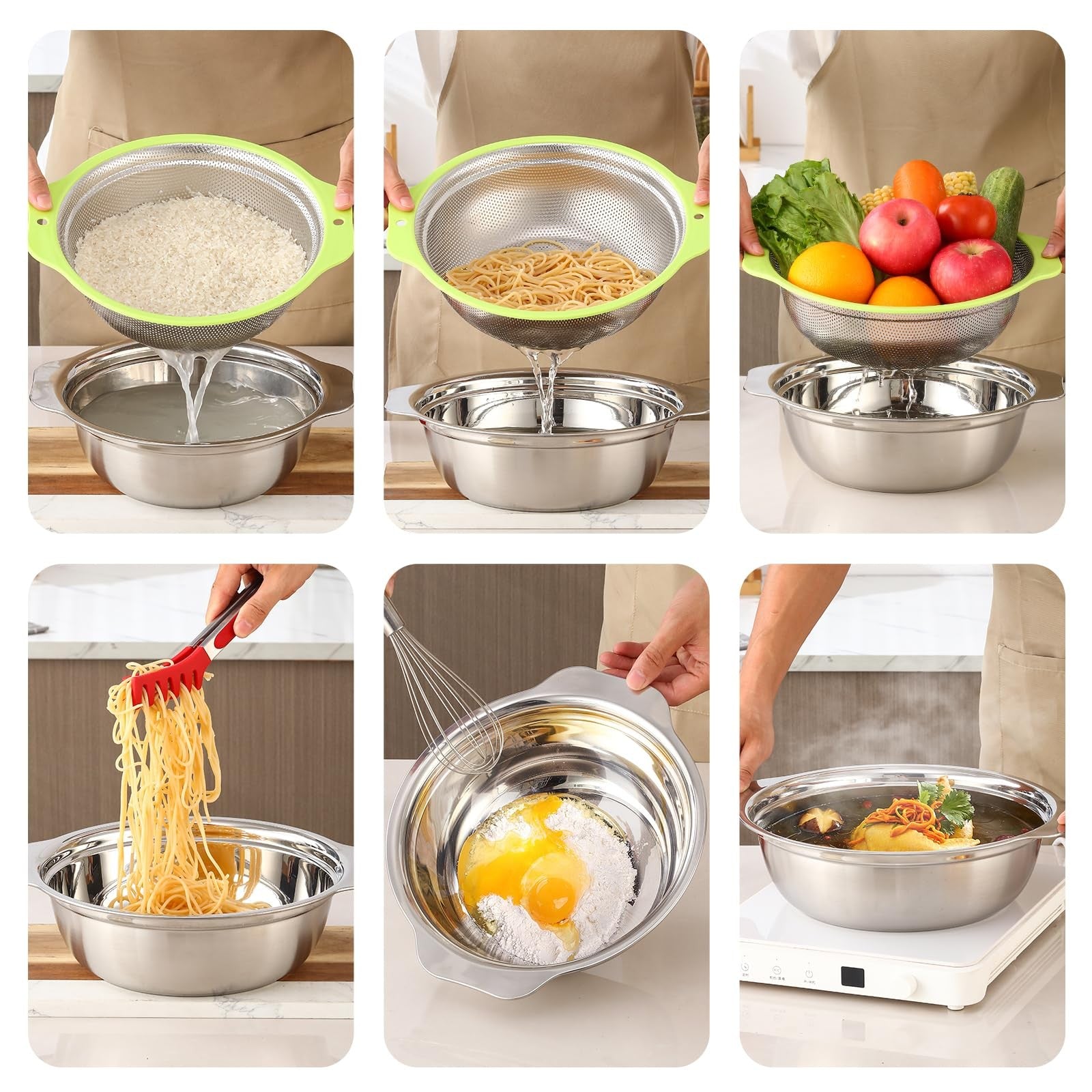 AHIABOAT stainless steel colander with large 4QT capacity, microporous rice strainer perfect for draining pasta and vegetables