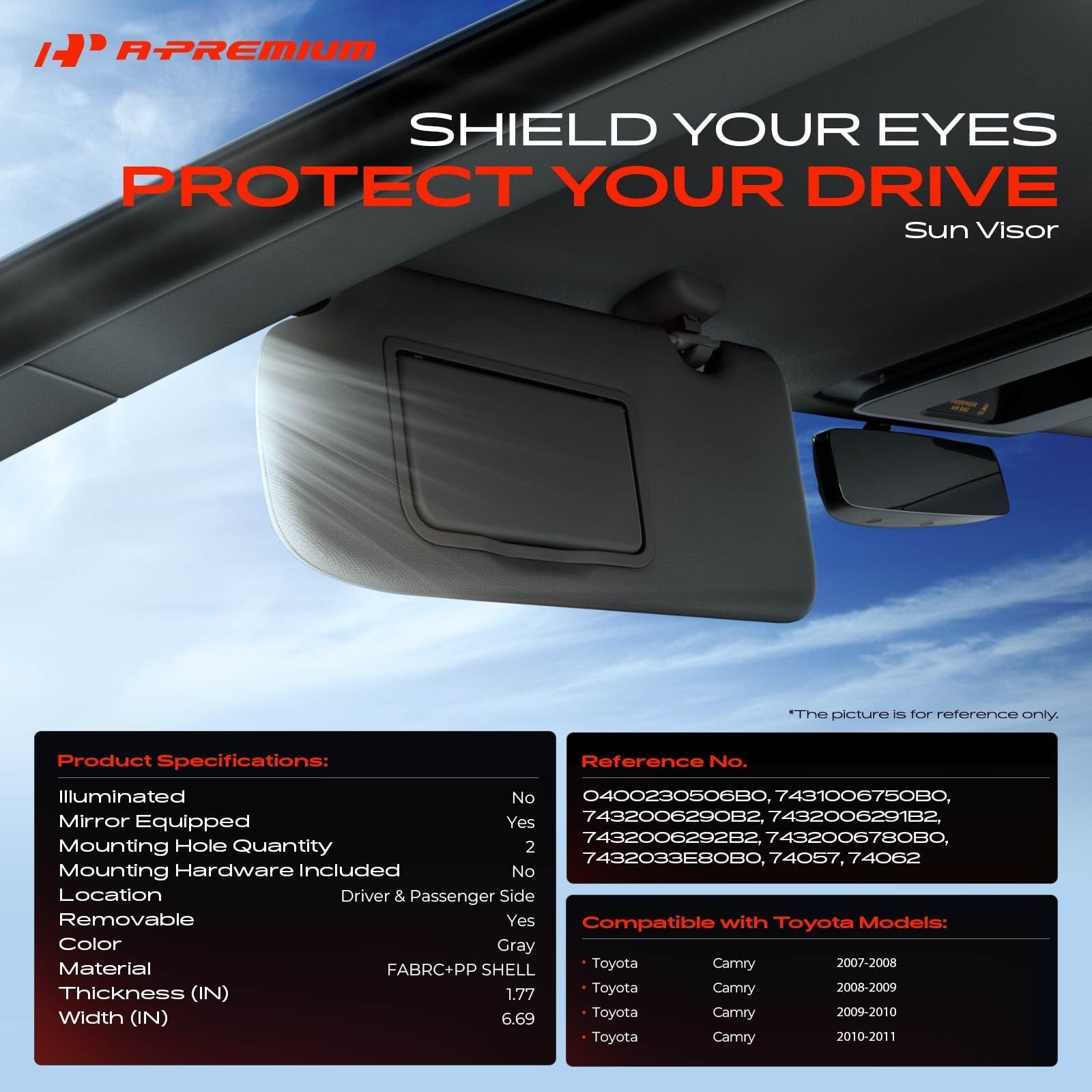 A-Premium driver and passenger sun visors for Toyota Camry 2007-2008, showing the black plastic and fabric surfaces.