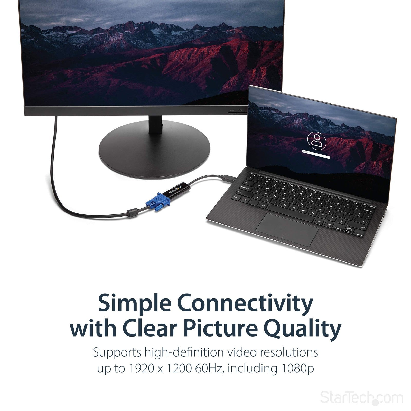 StarTech.com USB 3.0 to VGA adapter displaying 1080p resolution connected to a Windows computer.