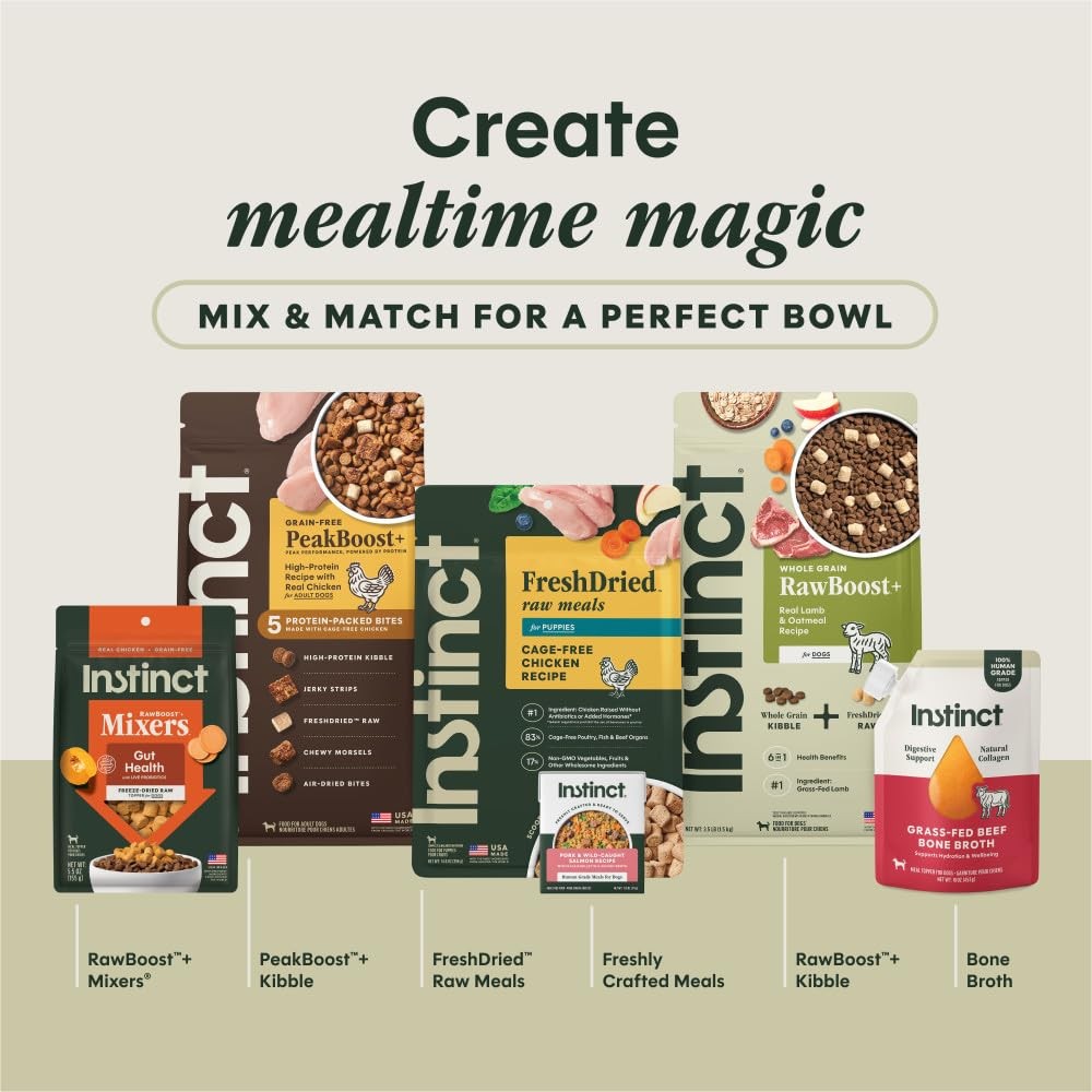 Instinct Puppy Freeze-Dried Dog Food with chicken, grain-free, featuring 3x more meat in a natural, close-up shot of the product.