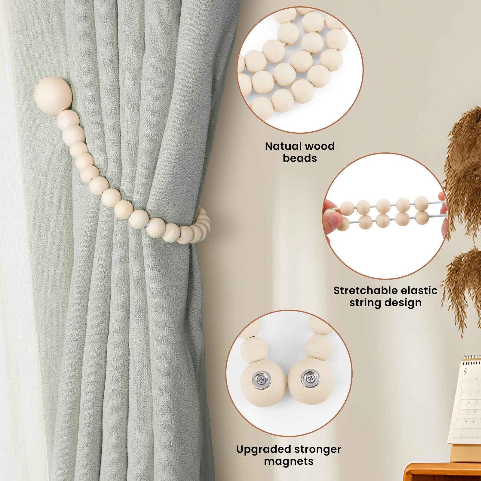 KLOGTSIND magnetic wood bead curtain tiebacks with boho style, natural wood finish, and no drilling required for easy installation.