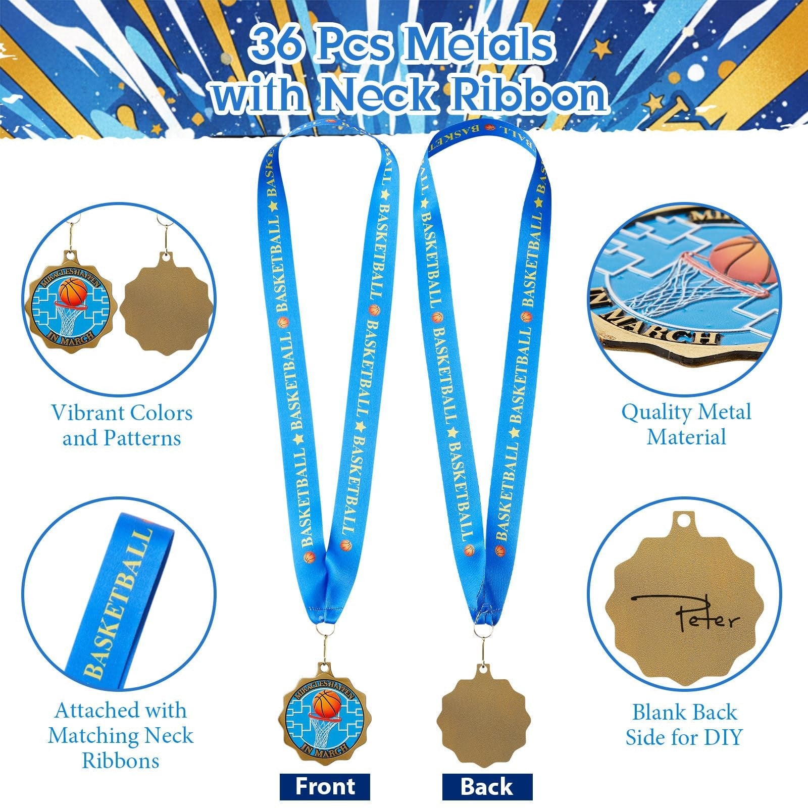 Loetere 12/24/36 pcs 2.56-inch sport award medals with ribbons, designed for winners and competitions, shown in bulk.