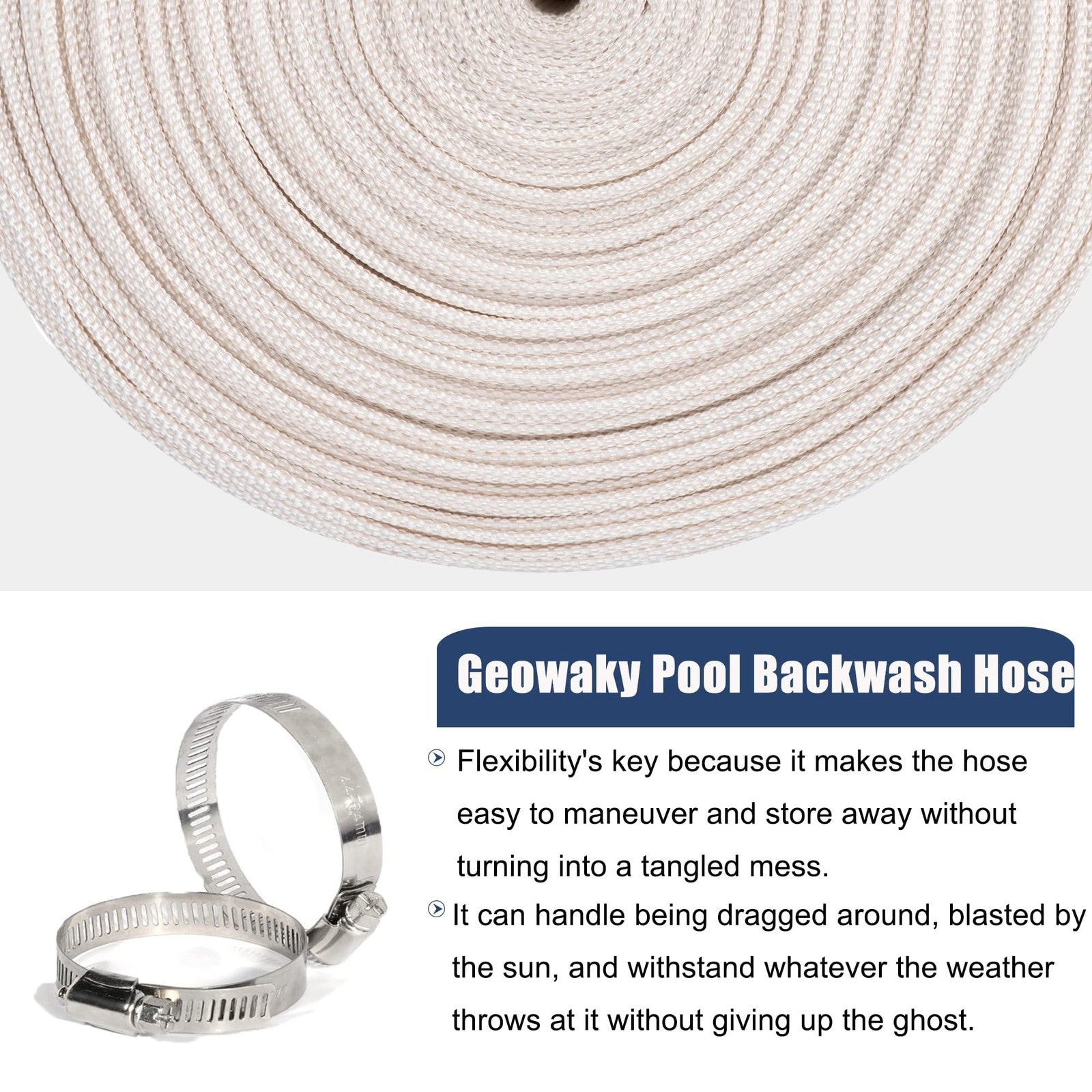 Heavy-duty 2-inch ID Geowaky backwash hose for swimming pools, 65.6 feet long, made of durable PVC for water discharge.