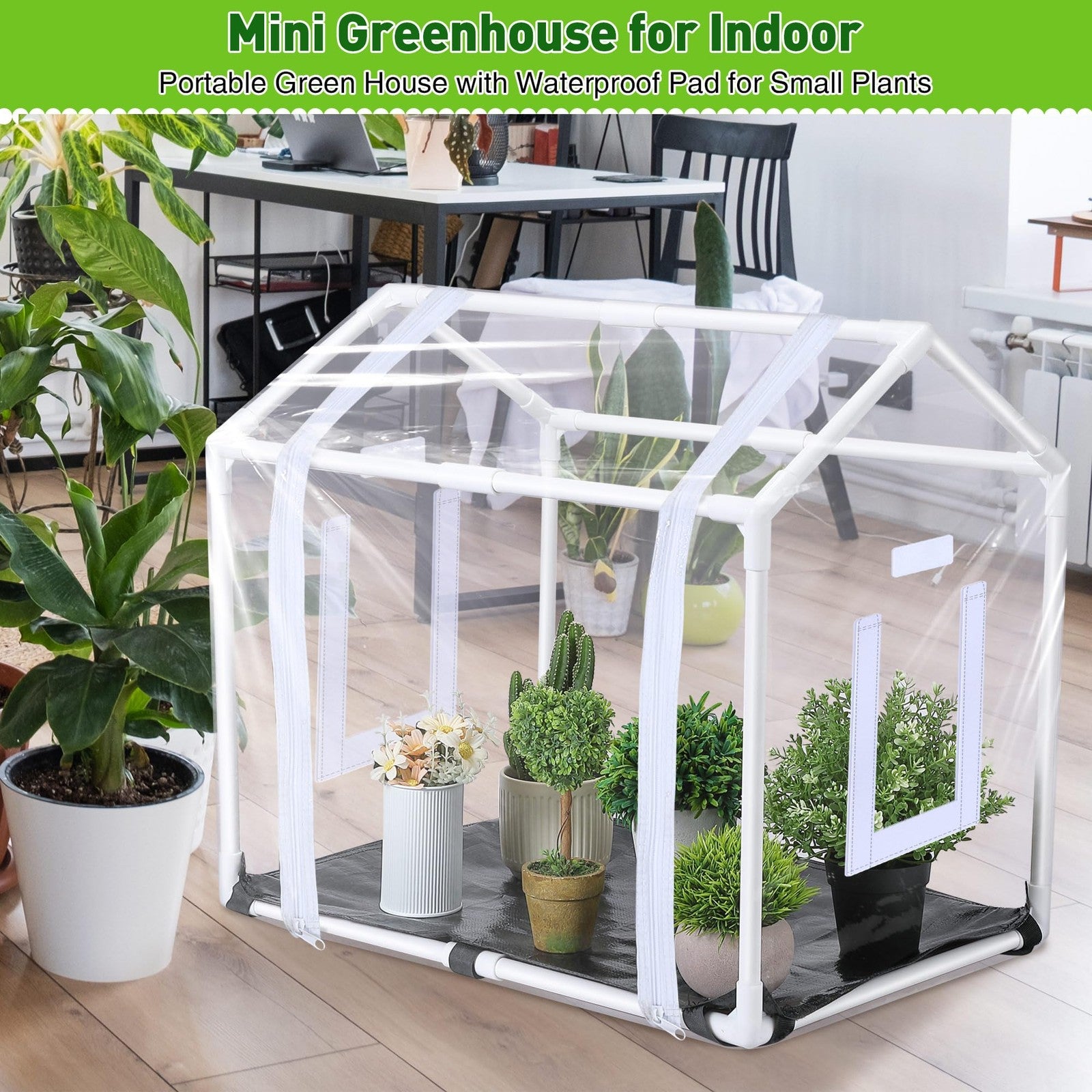 Meonum mini green greenhouse with potting mat for indoor plants, featuring a portable, heavy-duty design for gardening indoors.