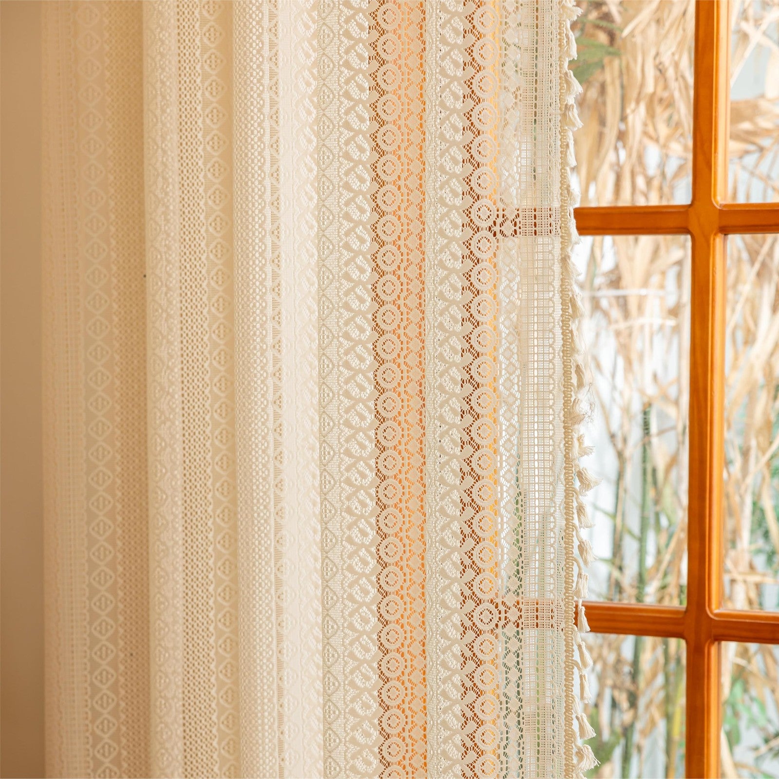 Beige boho vintage lace curtains by Sutuo Home, 108 inches long, ideal for dining room windows, featuring intricate lace details.