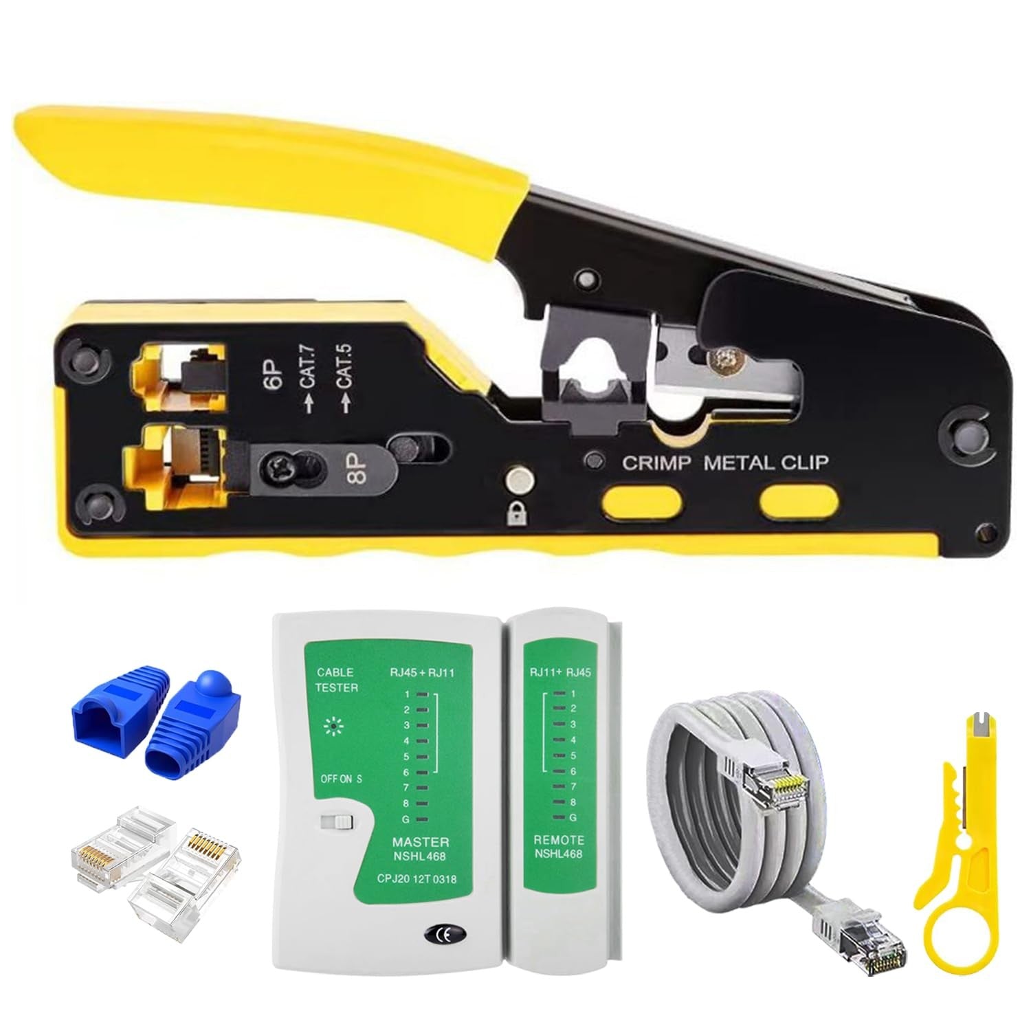 WEETOTUNG RJ45 Crimp Tool Pass Through Kit for Ethernet cables, professional complete crimping tool and accessories.