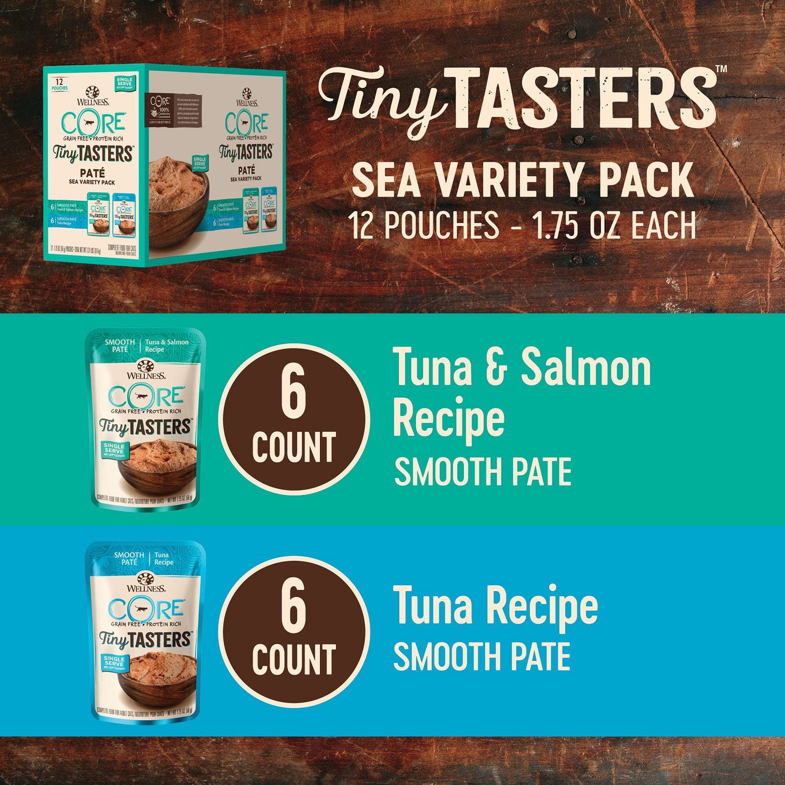 Wellness CORE Tiny Tasters wet cat food pate seafood and poultry variety pack, featuring small servings in individual cans for cats.