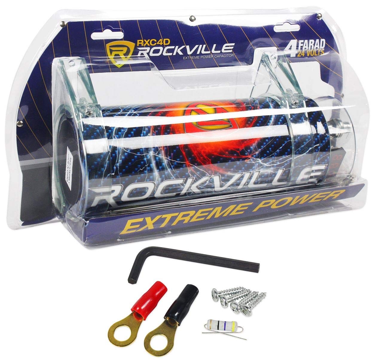 Rockville RXC4D 4 Farad digital car capacitor with blue LED voltage display and sleek black casing.