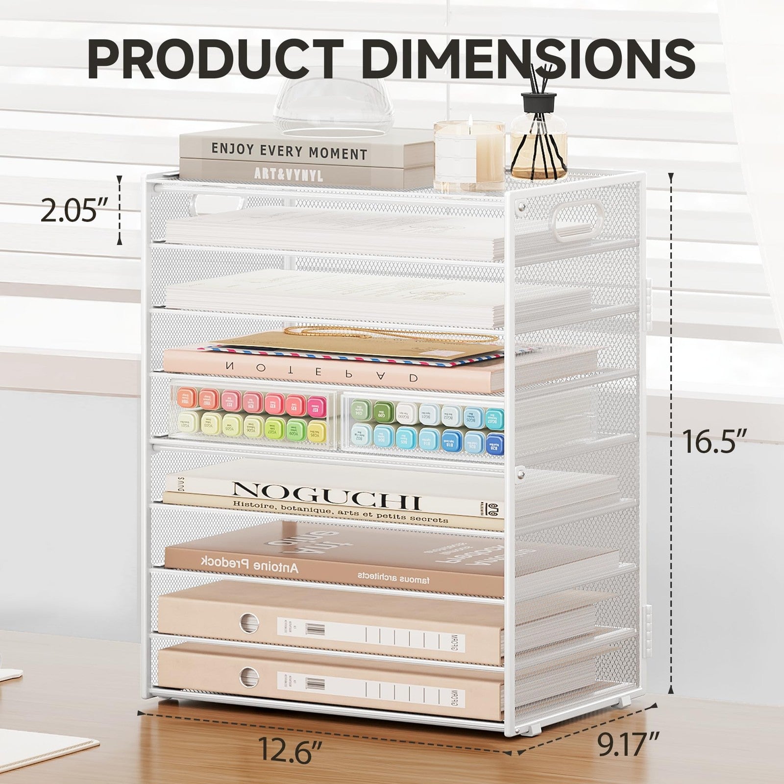 SUBEKYU 9-tier white metal mesh paper letter tray desk organizer with handles for office or home organization.