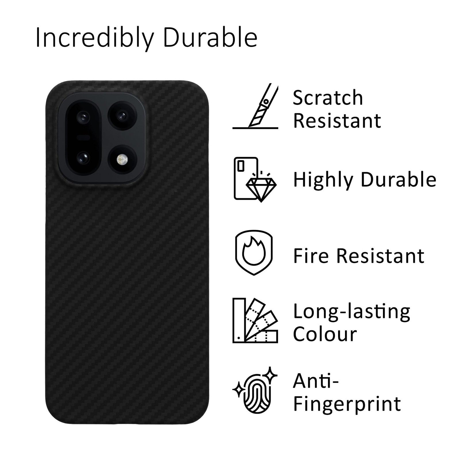 Kalibri aramid fiber case for OnePlus 15, super slim and strong protection, featuring a sleek black design and precise cutouts.