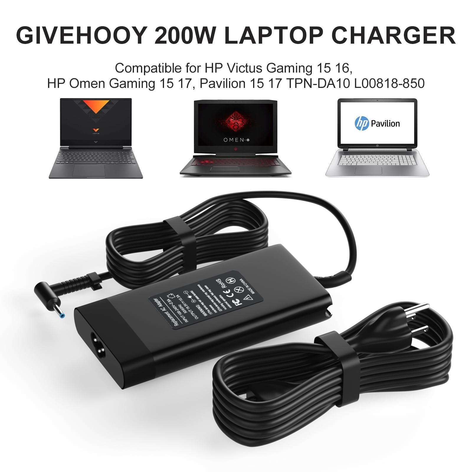 200W laptop charger compatible with HP Victus Gaming 15/16 and HP Omen, unbranded, with power cord attached.