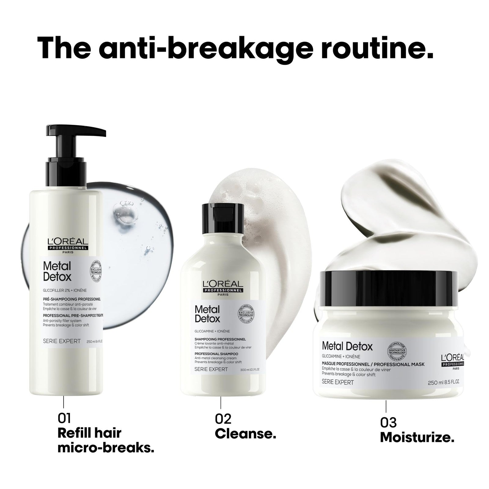 L'Oréal Professionnel Metal Detox Pre-Treatment bottle, hair care product for strengthening and refilling damaged hair.