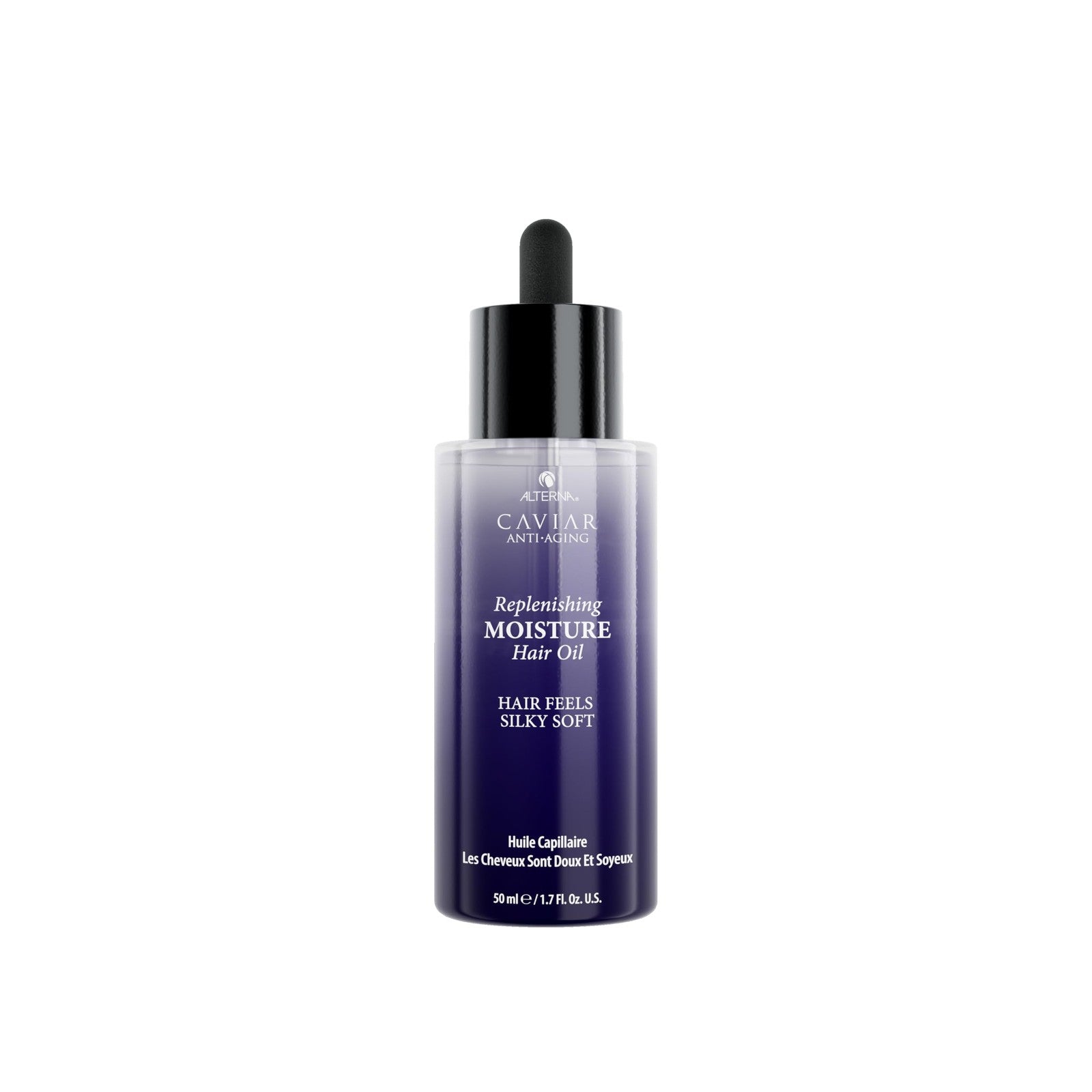 Alterna CAVIAR Anti-Aging Replenishing Moisture Hair Oil 1.7 oz bottle with pump, featuring clear label and sleek packaging.