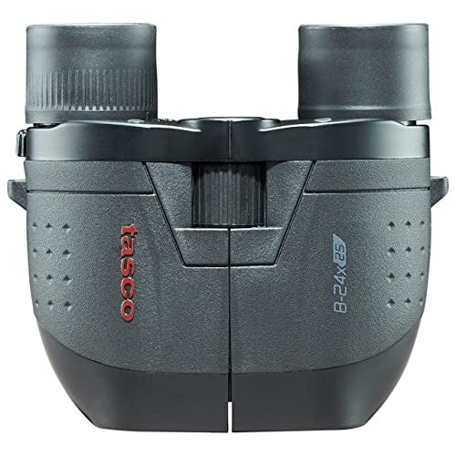 TASCO Essentials 8-24x25 binoculars with compact black design and adjustable zoom lenses for outdoor viewing.